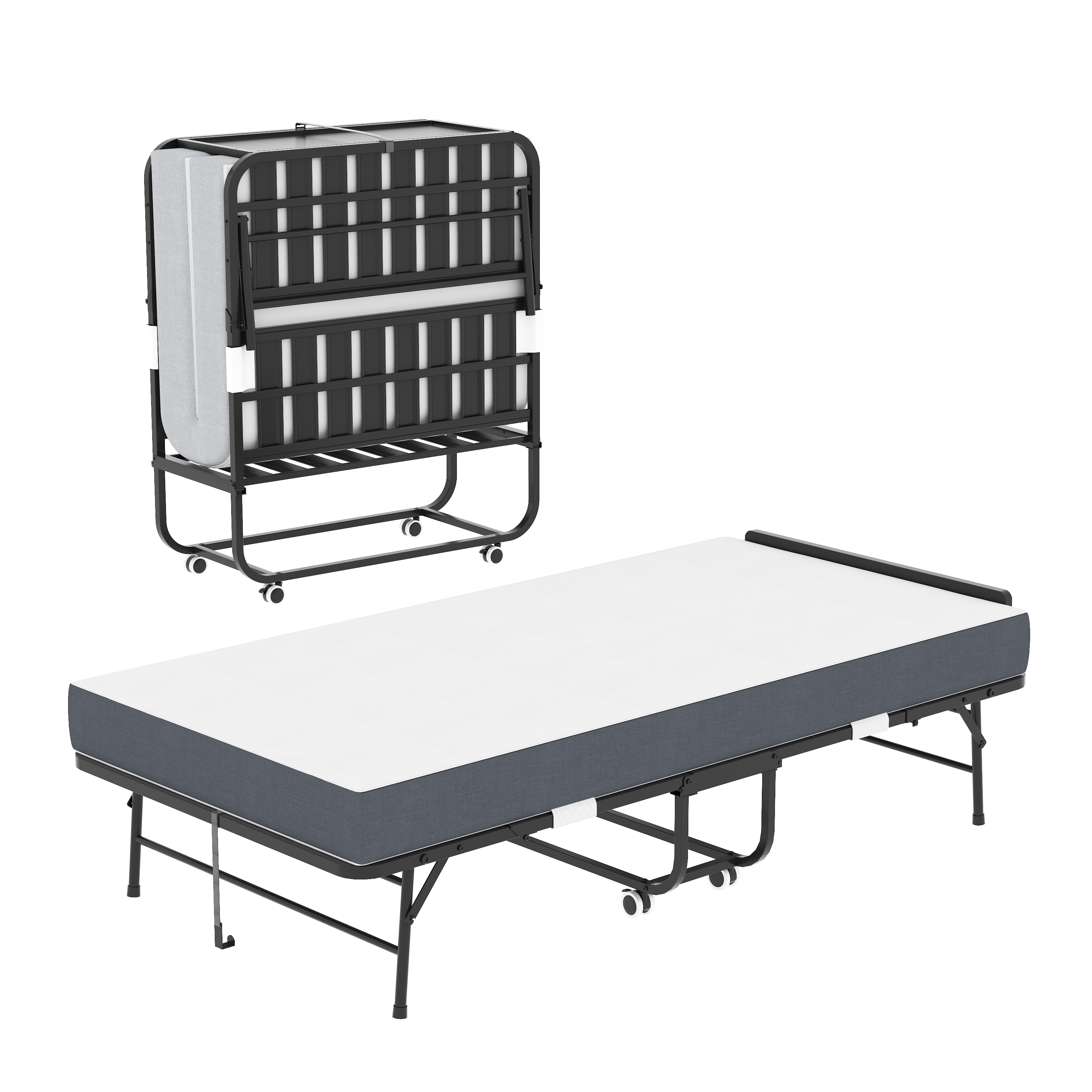 75 X 38 Folding Bed With Adjustable Headboard, 5 Memory Foam Rollaway Bed For Tall People, Heavy-Duty Portable Guest Bed On Wheels, Easy Assembly Twin Size Cot