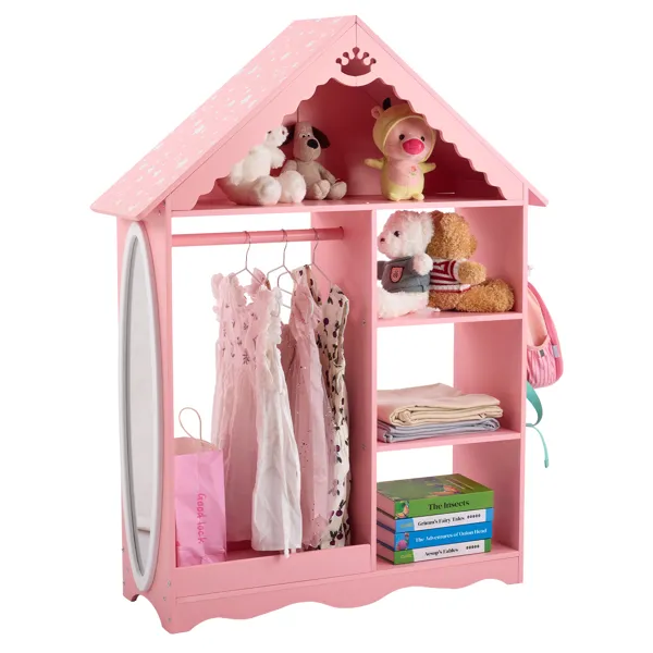 Pink And White Star-printed MDF, Spray-painted, 1 Mirror, 3-tier Shelf, 1 Clothes Rod, Children's Wardrobe