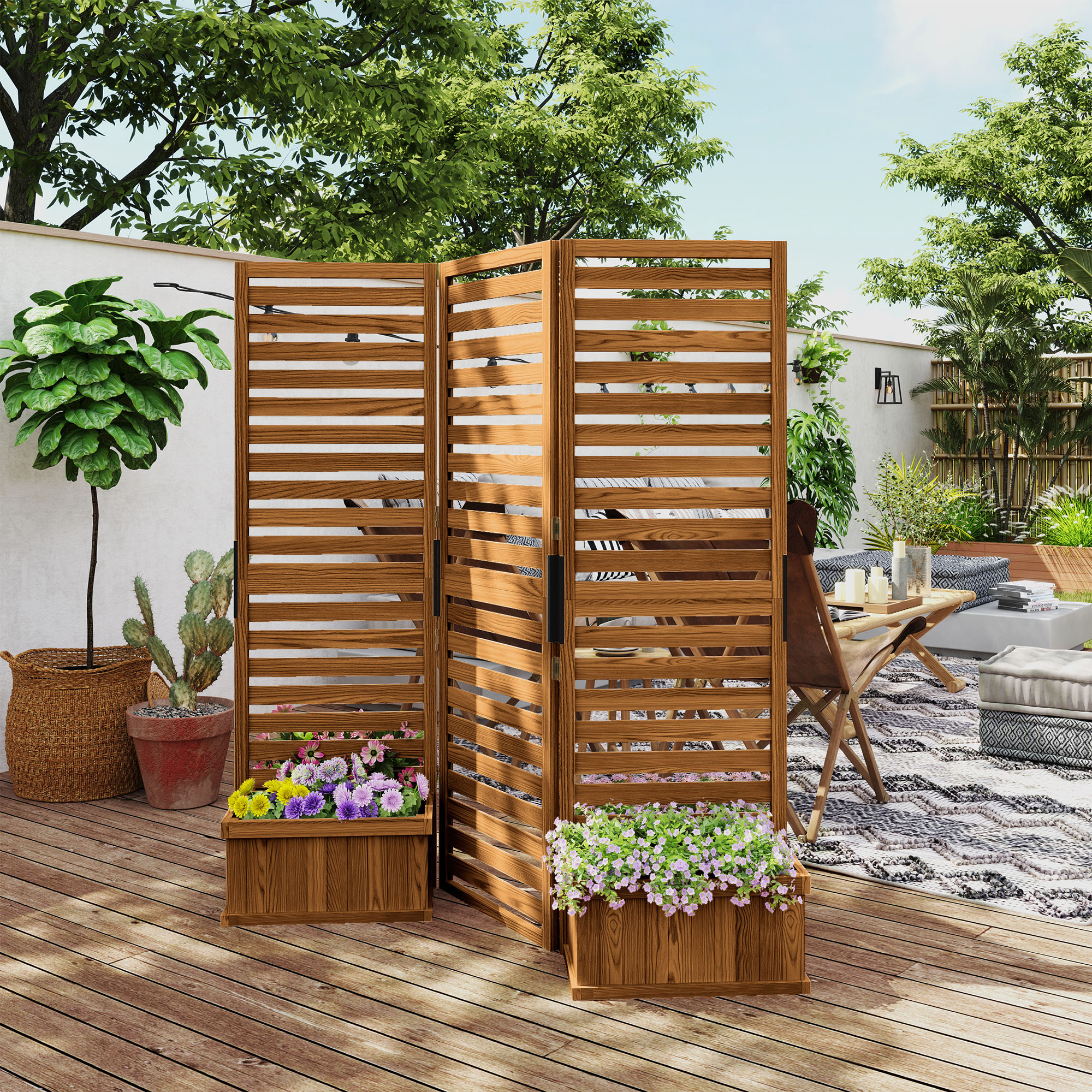 Enrejado de madera con 4 jardineras elevadas, 62.5x19x66 pulgadas, madera natural.