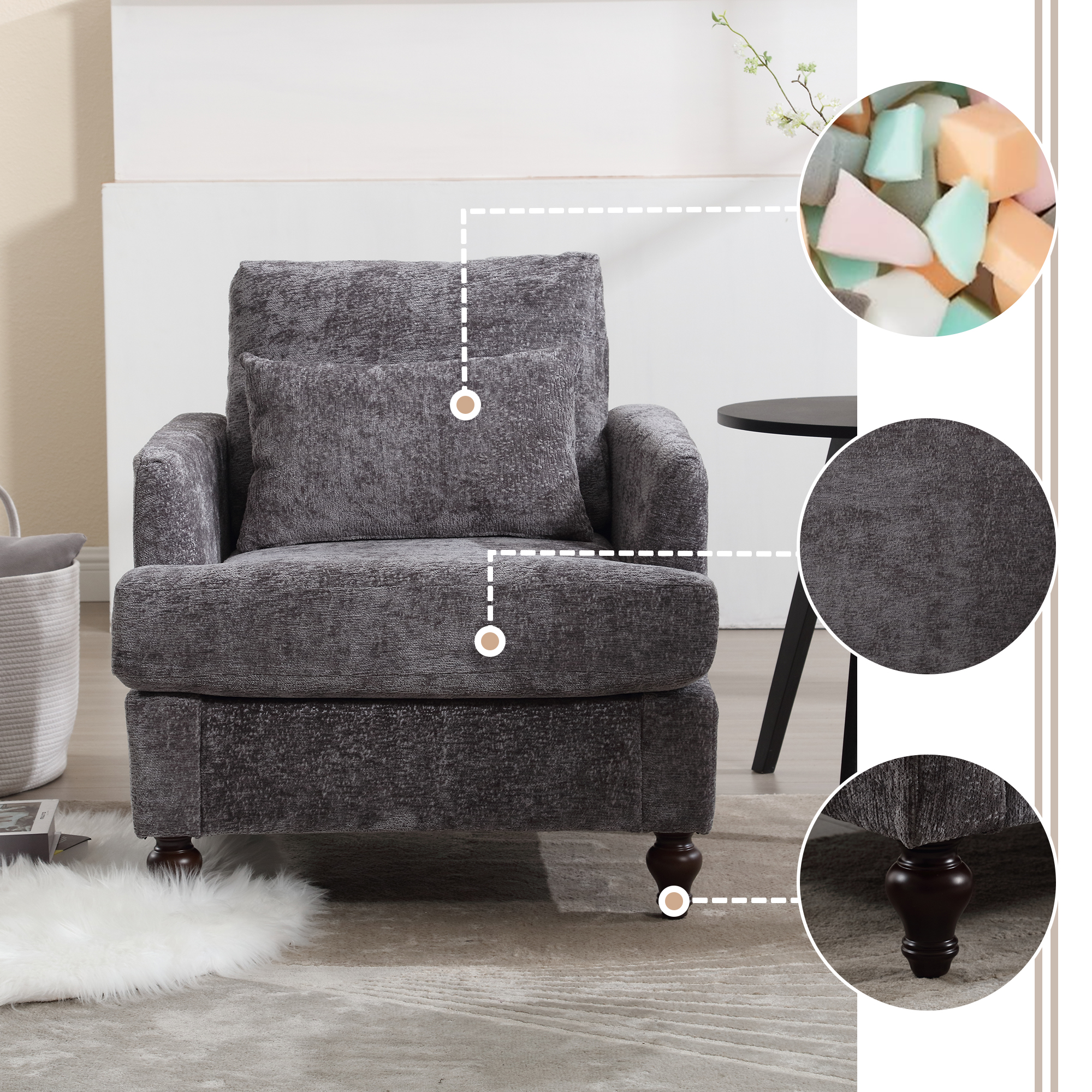 Sillón moderno con estructura de madera, tapizado, botones y chenilla gris