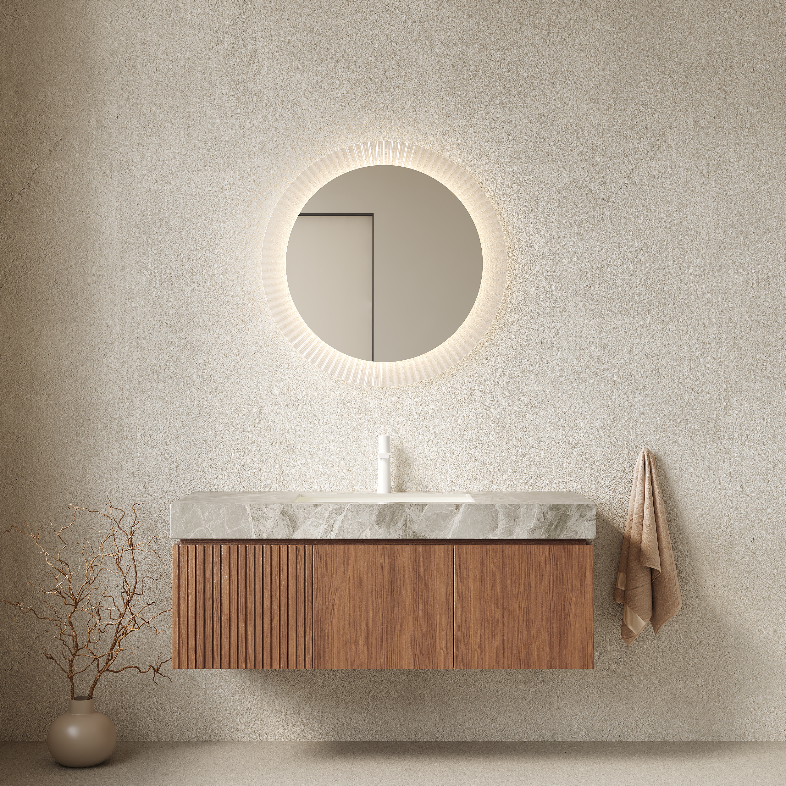 MURI 48 Bathroom Vanity Sink, Floating Plywood Storage Cabinet With Drawer&Doors, Light Gray Sintered Stone Top&Ceramic Basin With 1 Pre-drilled Faucet Hole, Pre-assembled, Brown Oak Woodgrain Color