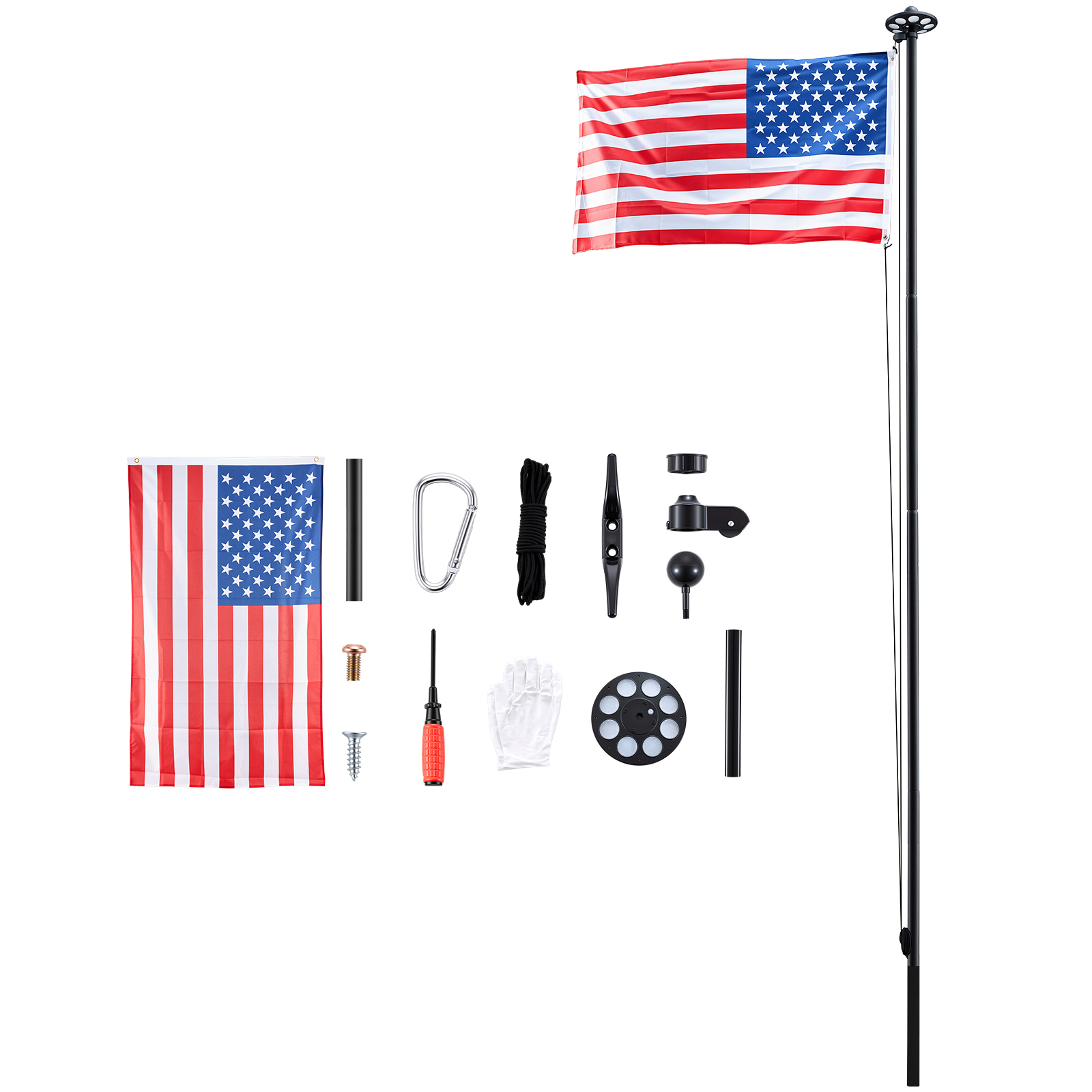 Mástil de bandera seccional de 25 pies, aluminio, con luz solar LED y bandera 3x5.