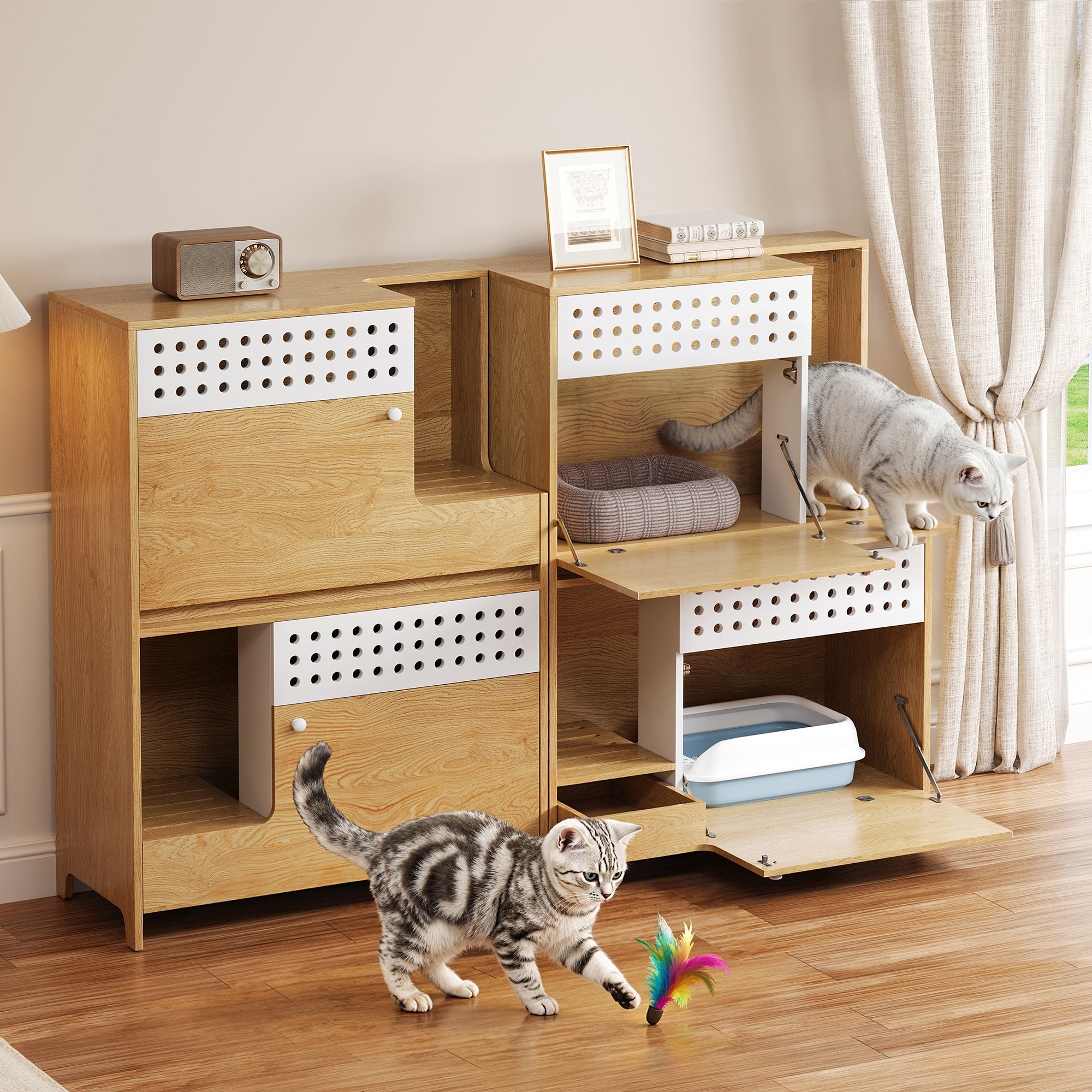 2-Piece Modern 2 IN 1 Cat Furniture Set, Cat Litter Box Enclosure Side Table, Cat House With Storage, For 2 Small-Medium Sized Cats - NATURAL