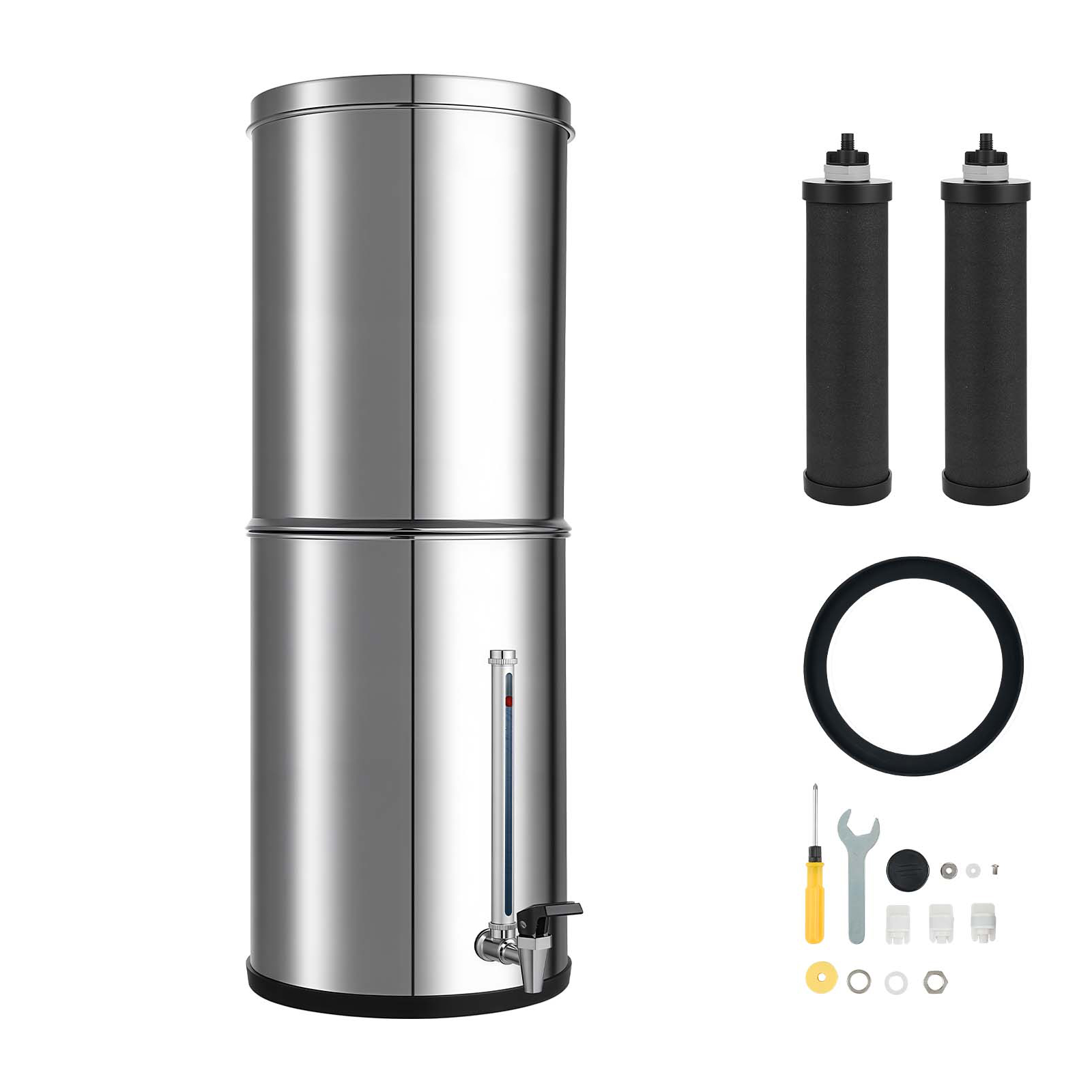 Gravity-fed Water Filter System, 3.25G 304 Stainless-Steel Countertop Water Filtration System, Reduces Lead And Up To 99% Of Chlorine, With 2 Carbon Filters, Water Level Spigot, For Home Camping