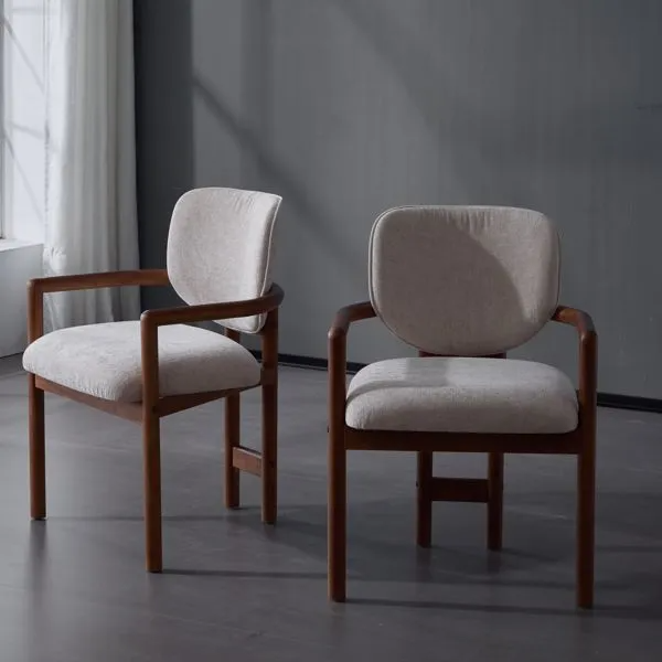 Dining Chairs Set Of 2 Upholstered Arm Chairs, Rubber Wood Accent Chairs Beige Fabric Seating, 300 LBS Weight Capacity