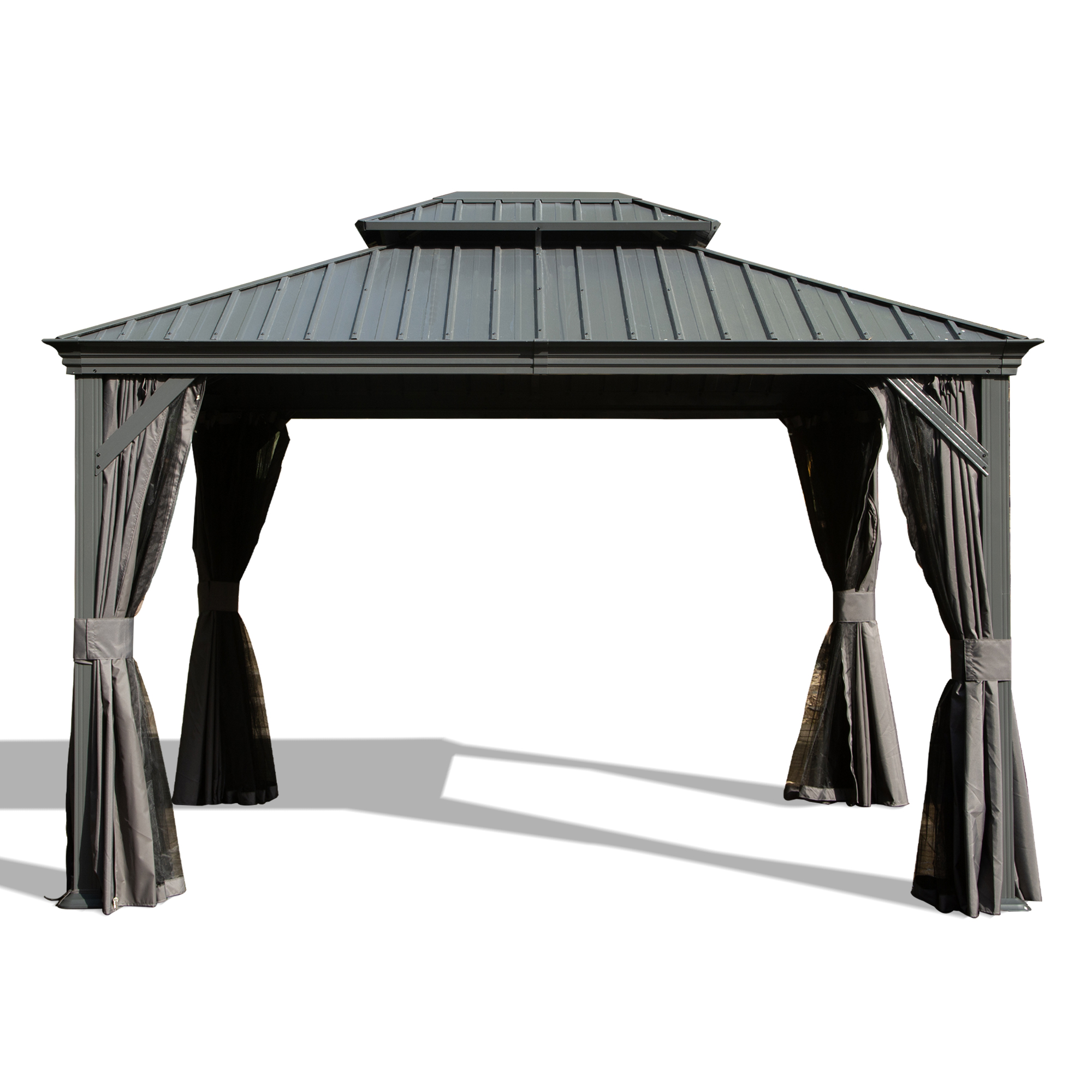 12  X 14  Hardtop Gazebo, Upgraded Metal Gazebo With Drainage System, Dual-Layer Galvanized Steel Roof, Curtain And Netting, Outdoor Shelter Canopy For Patio, Garden, And Backyard, Grey
