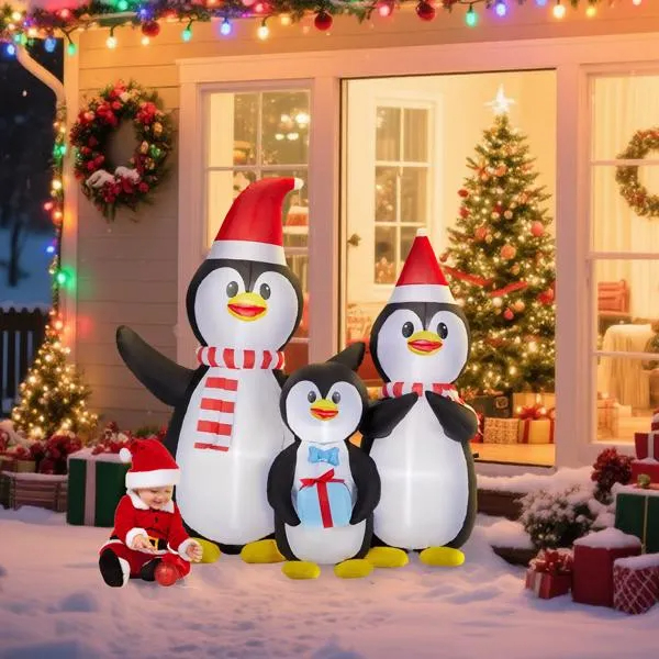 Inflable navideño de 6 pies, familia de pingüinos con luces LED para jardín