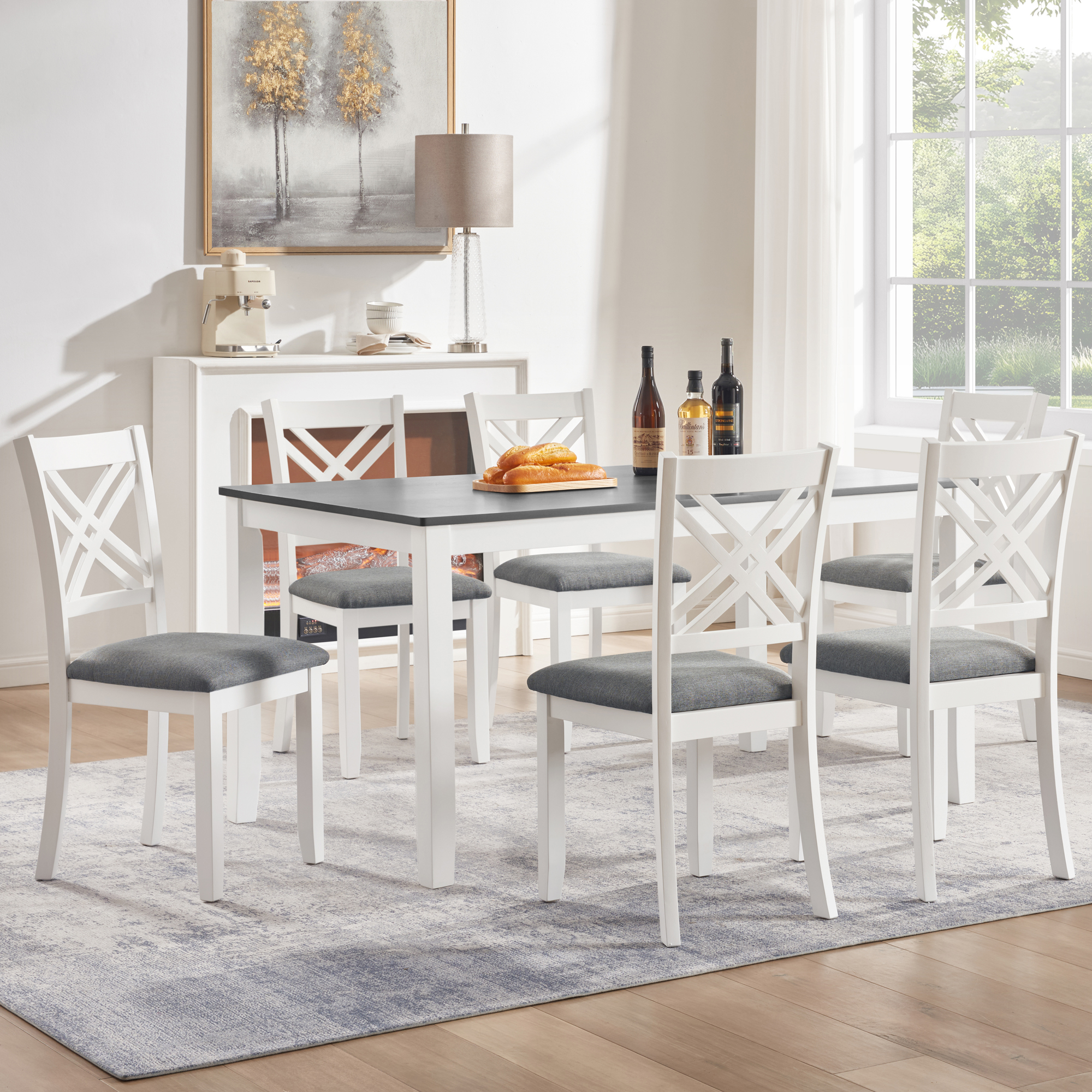 Modern 7-Piece Solid Wood Dining Set with 6 Upholstered Chairs – Grey & White Two-Tone Rectangular Table for 6, Space-Saving Kitchen & Dining Room Set, Easy Assembly