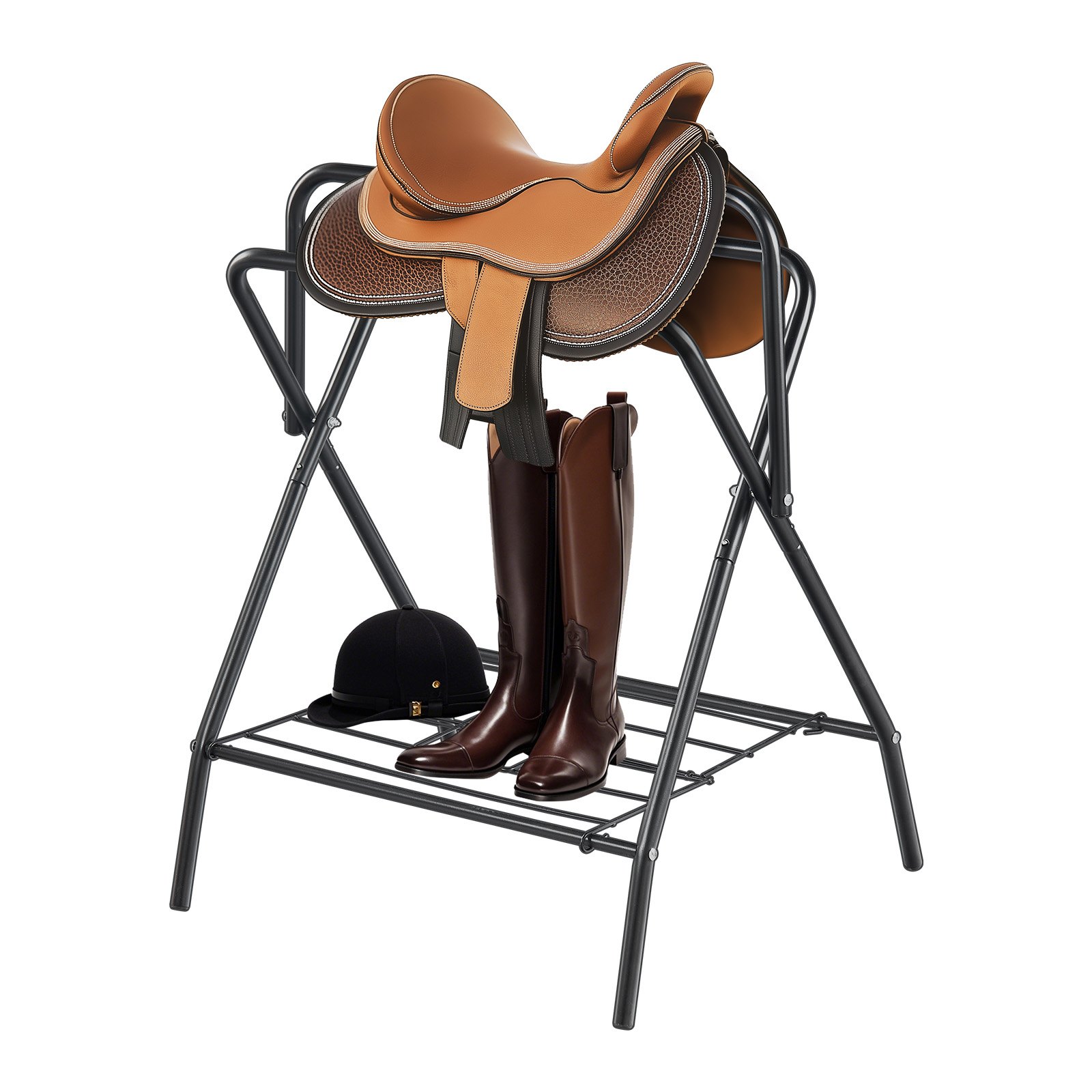 Soporte plegable para silla de montar, 28x19x37.5 pulgadas, acero resistente, negro