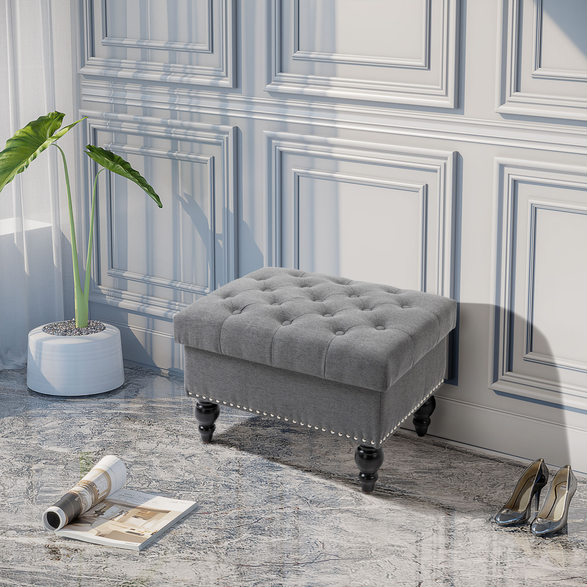 Ottoman with Storage for Living Room, 25" Storage Ottoman with Removable Lid, Button-Tufted Fabric Bench for Footrest and Seat with Wood Legs, Gray