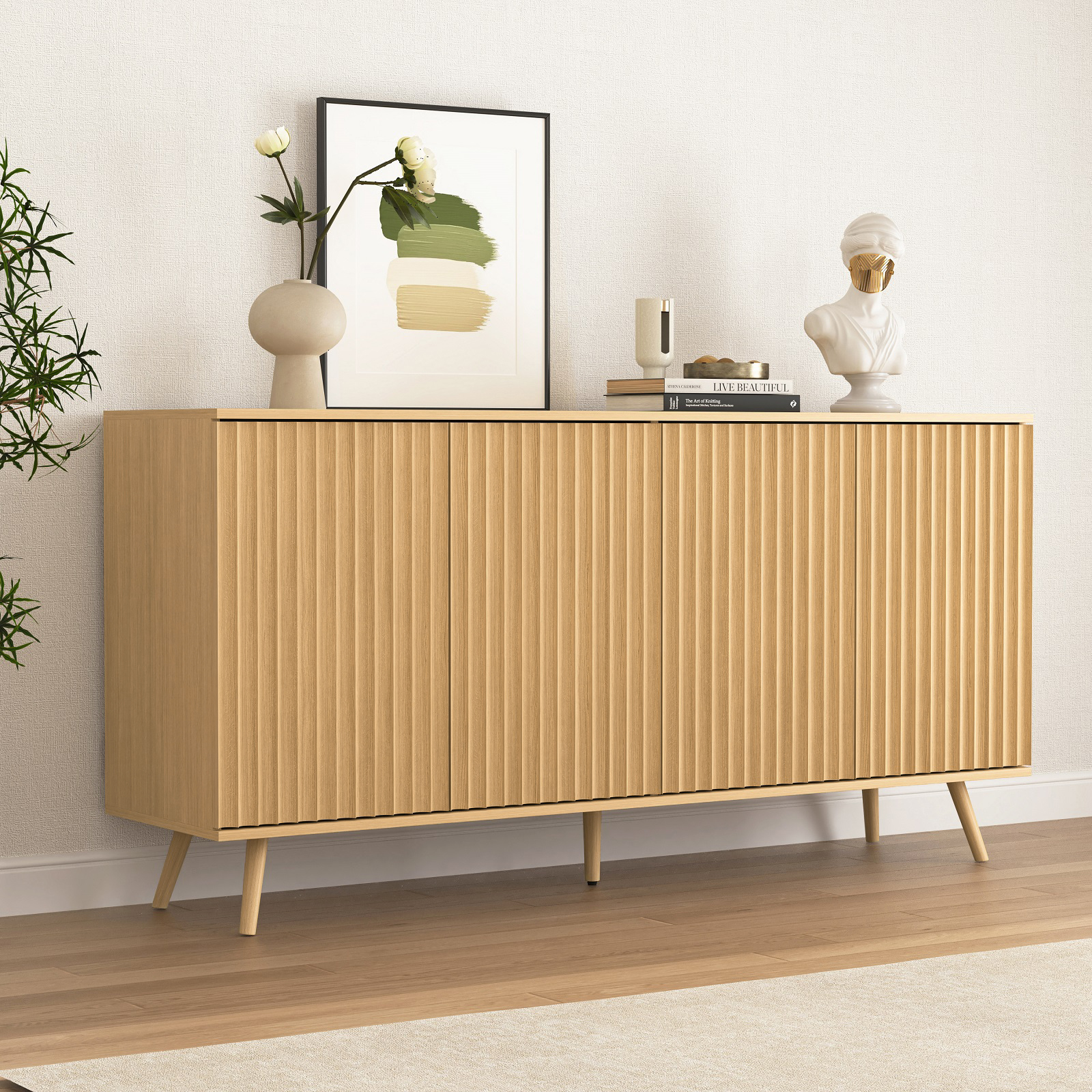 Aparador buffet de madera con 4 puertas y estantes ajustables, color natural