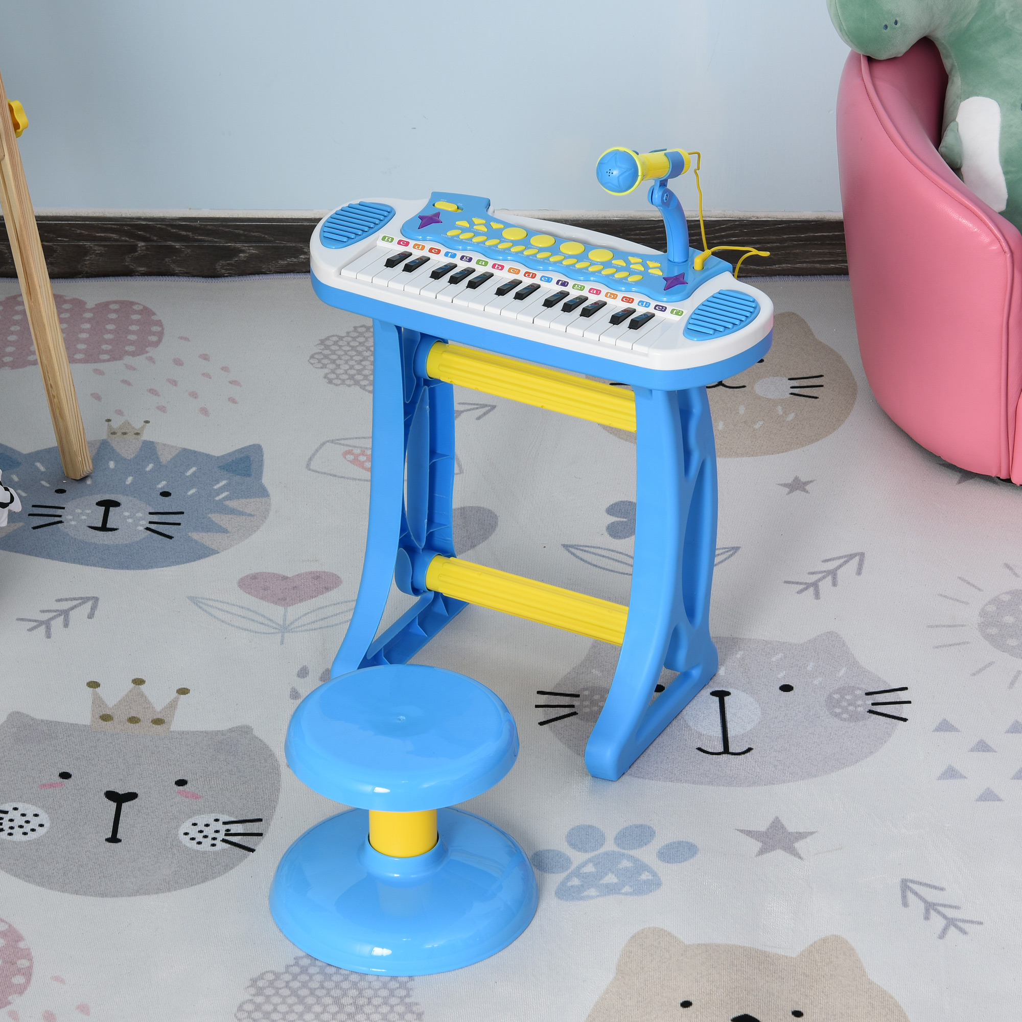 Piano Teclado de Juguete de 31 Teclas con Micrófono y Taburete - Azul