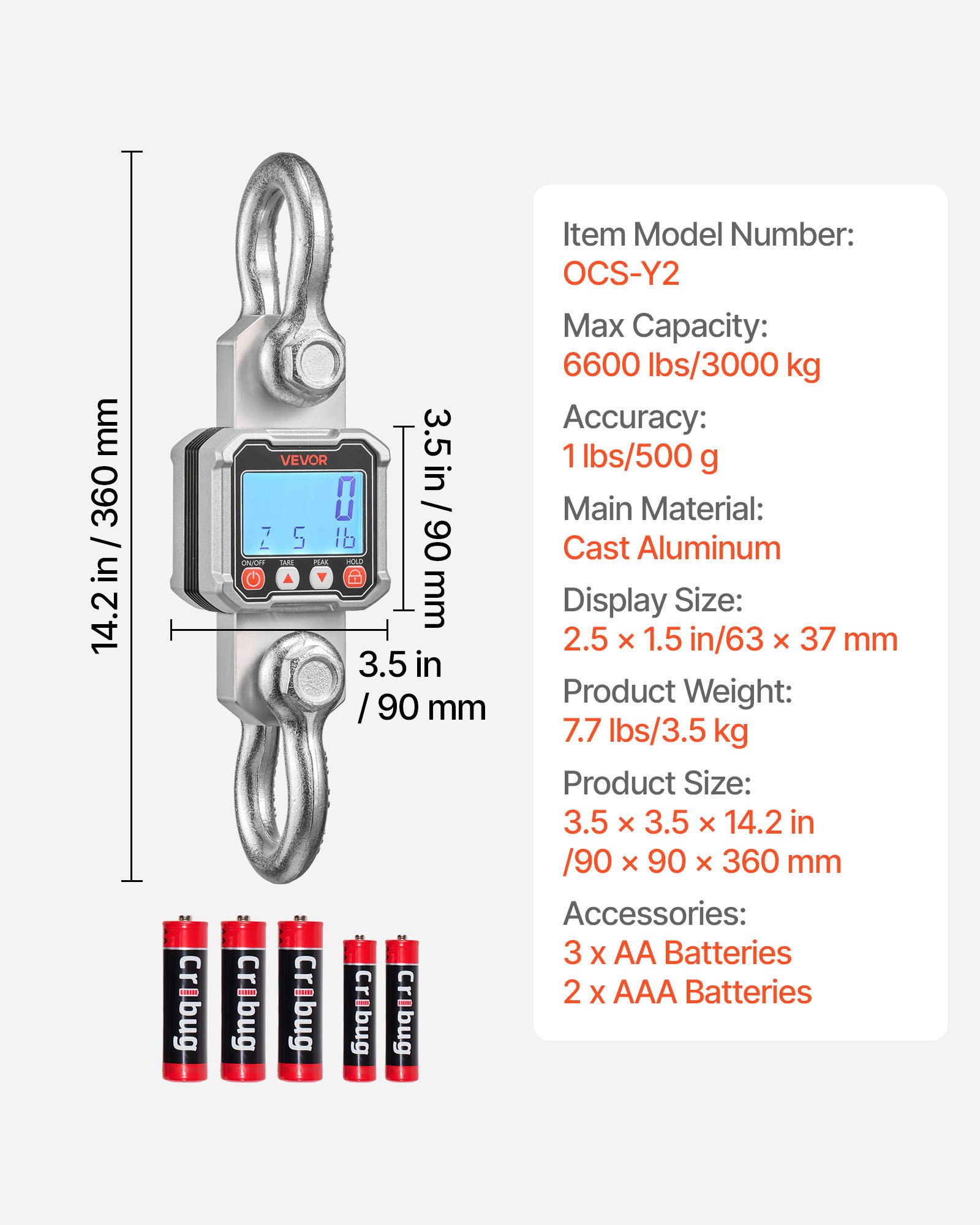 Digital Crane Scale, 6600 Lbs/3000 Kg Max Capacity, Heavy Duty Industrial Hanging Scale With Cast Aluminum Case & LCD Display, 1 Lbs Division & 3 Unit Switch, Remote Control For Garage Factory