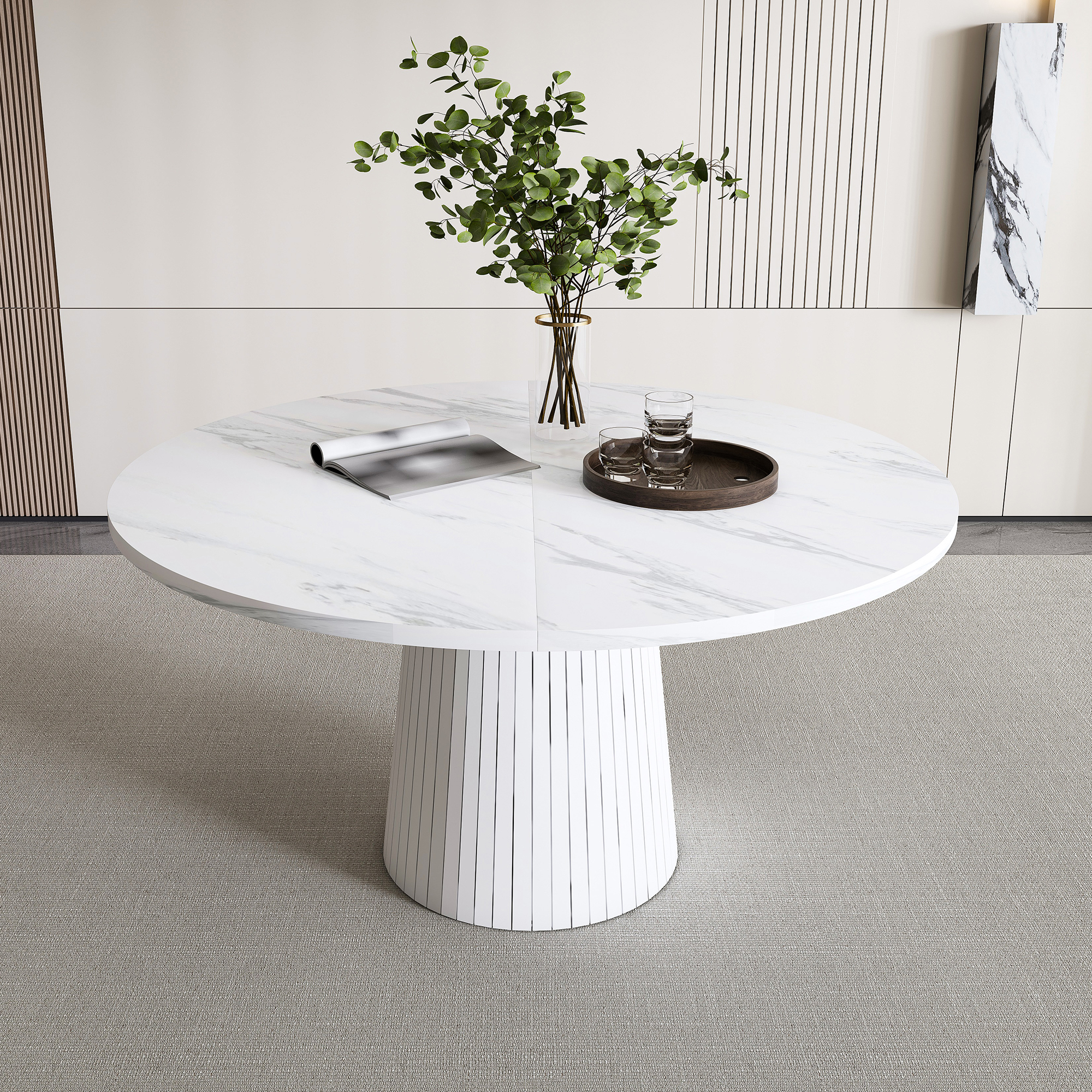 Mesa de comedor redonda de MDF de 47 pulgadas, base de madera, chapa de mármol