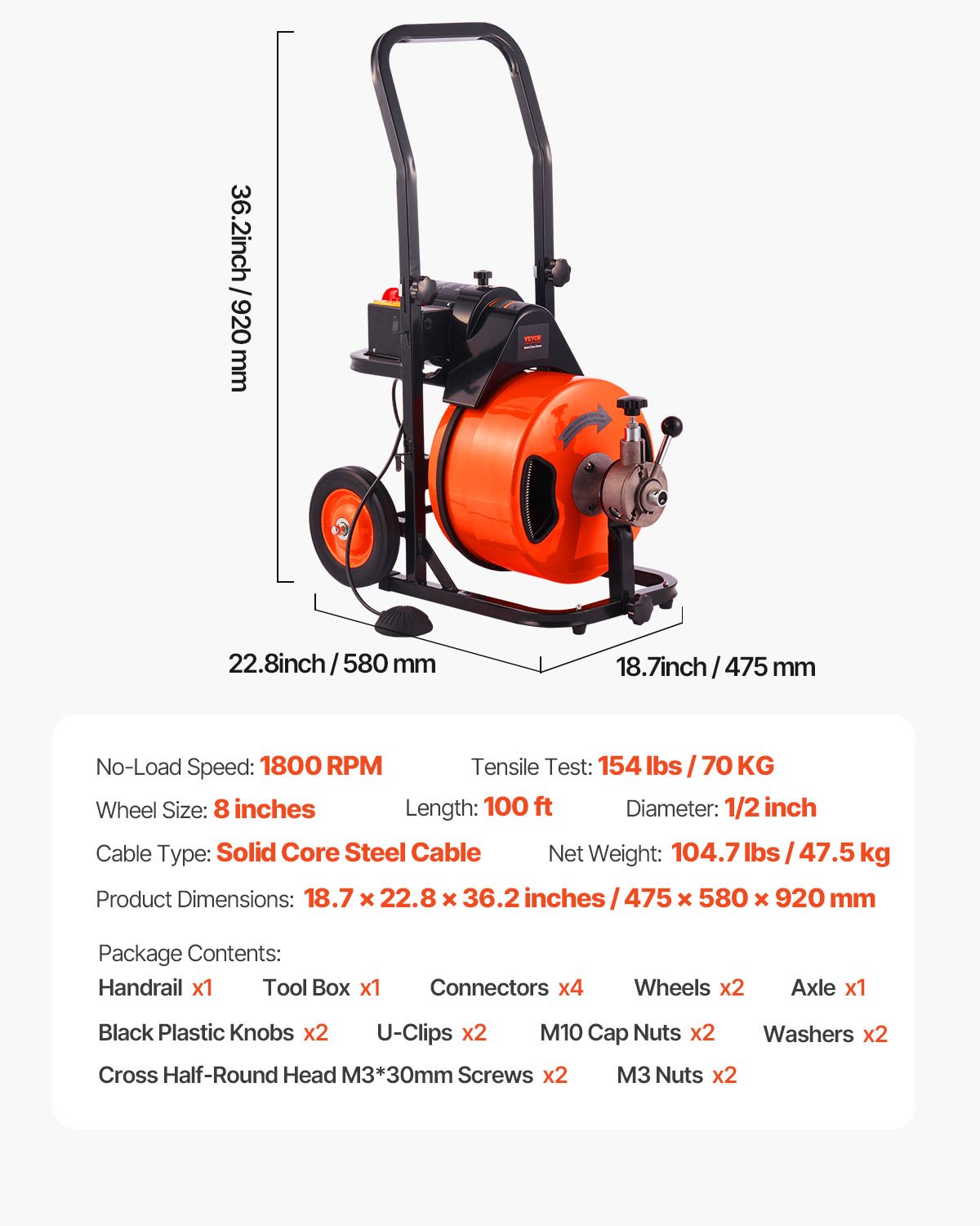 Drain Cleaner Machine 100 FT X 1/2 Inch, Auto Feed Sewer Snake Auger On Wheels, Portable Drain Cleaning Machine With 4 Cutters & Air-activated Foot Switch For 2" To 6" Pipes
