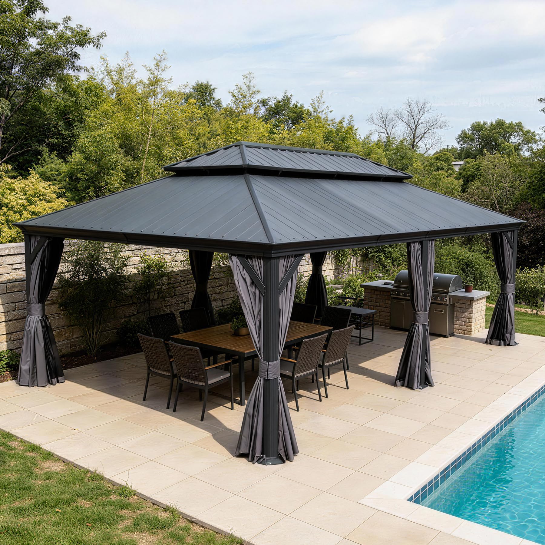 14  X24   Hardtop Gazebo With Resin Roof, Outdoor Metal Gazebo With Drainage Gutters, Permanent Heavy Duty Pavilion For Patio, Backyard And Deck, Curtains And Mosquito Netting Included