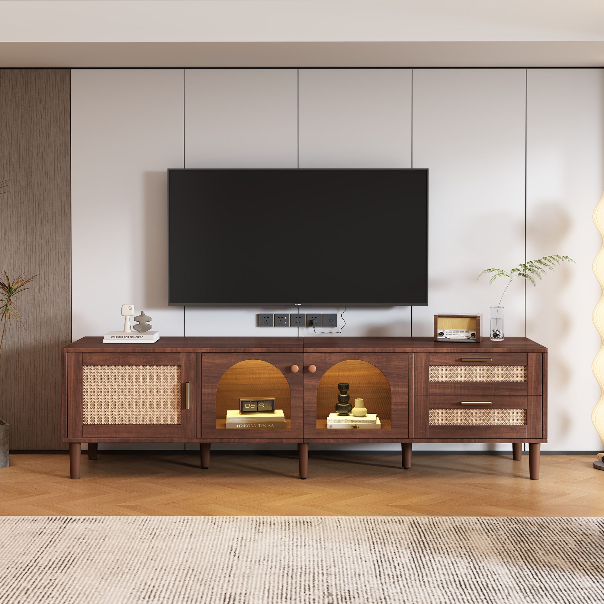 70 Inch TV Stand For TVs Up To 80, Entertainment Center With App Controlled LED Lights, 2 Drawers & Glass Door Storage, Modern Media Console For Living Room