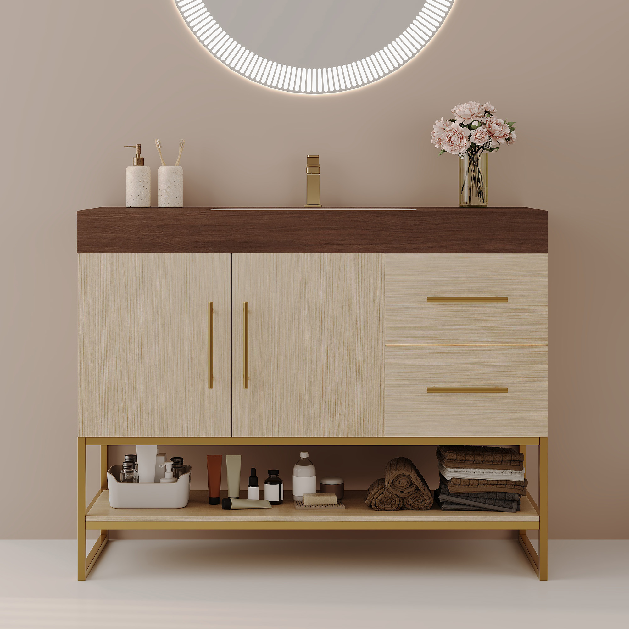 Tocador de baño moderno de 36 pulgadas, de pie, lavabo cerámico y encimera de piedra