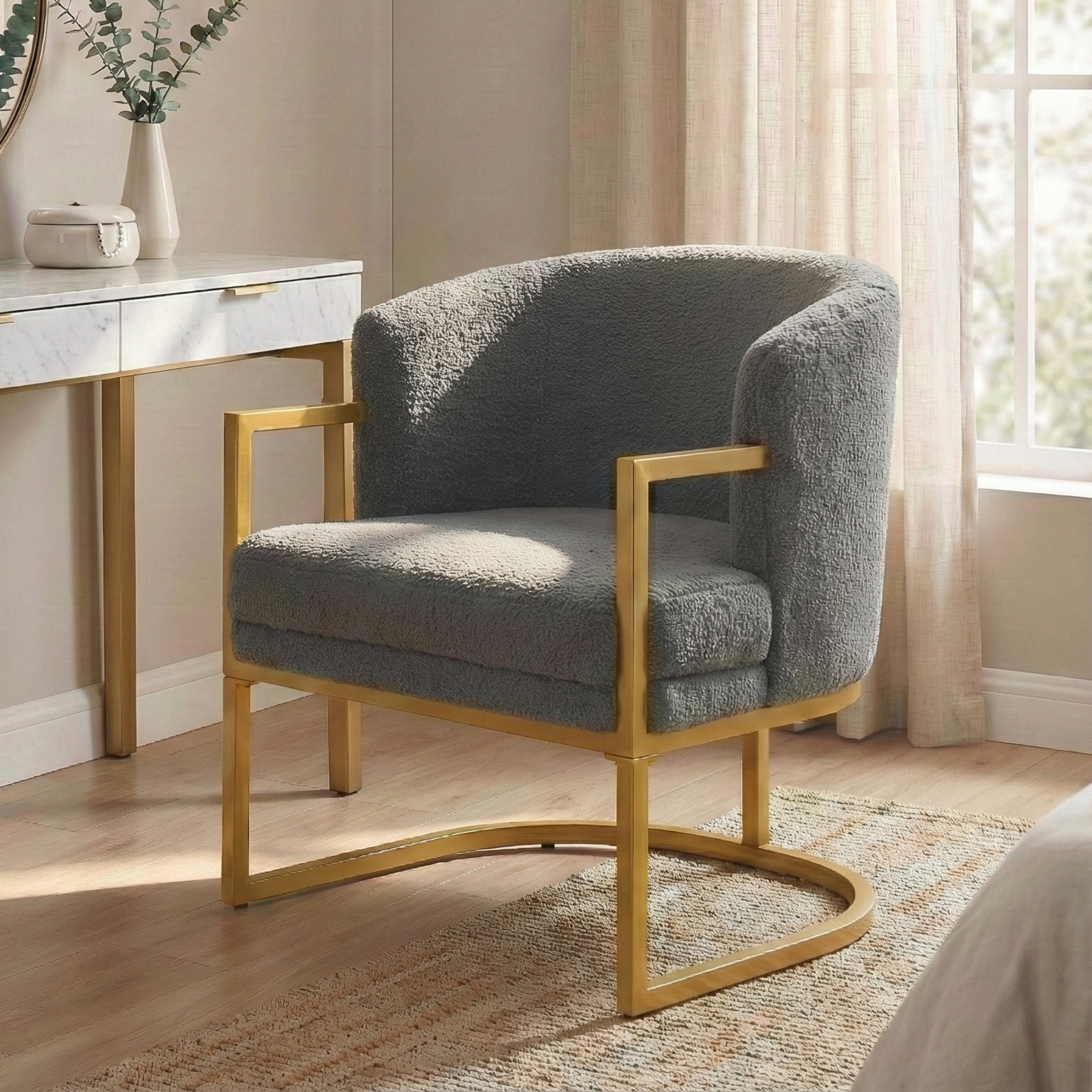 Sillón moderno tapizado con marco de metal dorado para sala, dormitorio u oficina