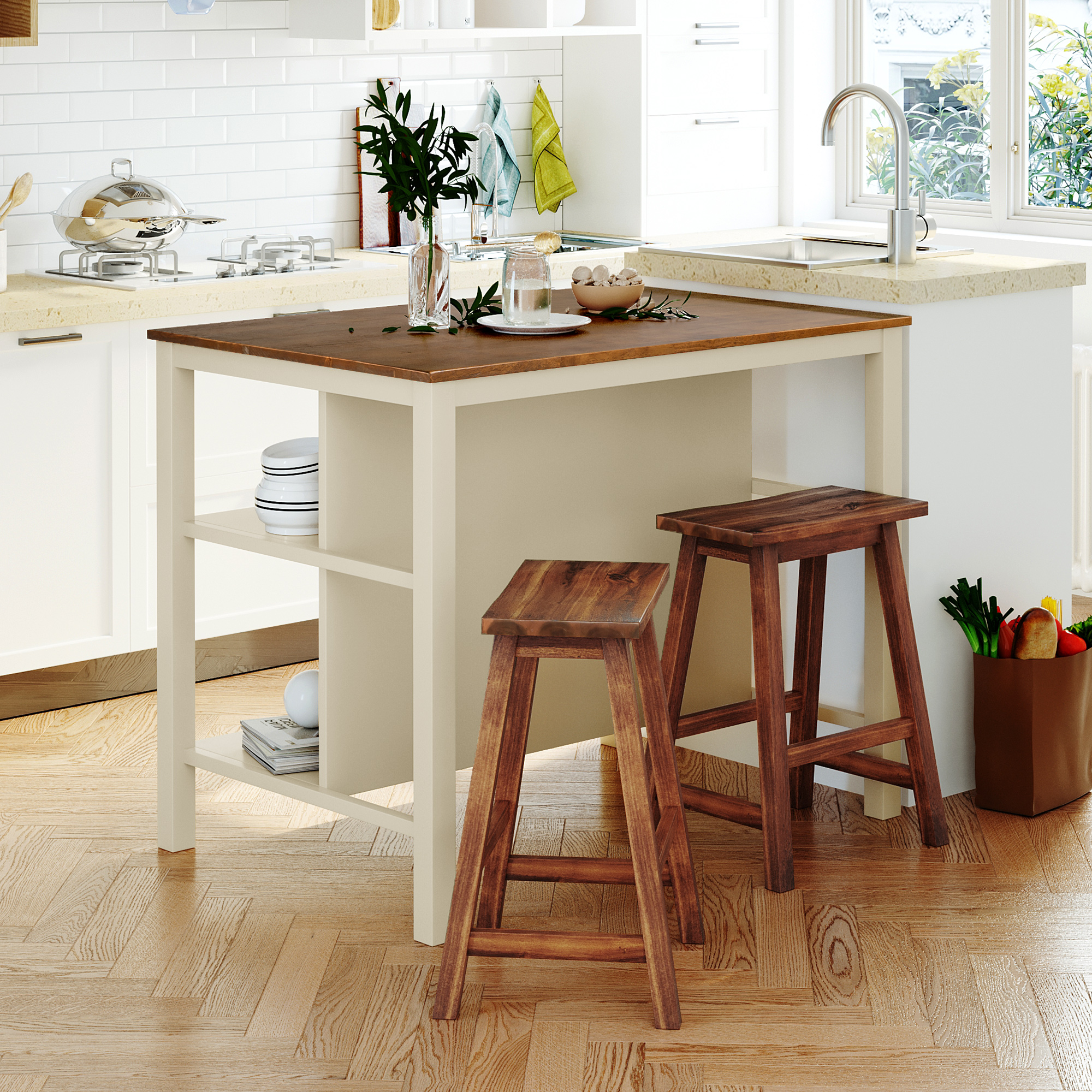 Juego de Isla de Cocina TOPMAx 3 Piezas, Madera Rústica 45 pulg., 2 Asientos, Nogal/Blanco