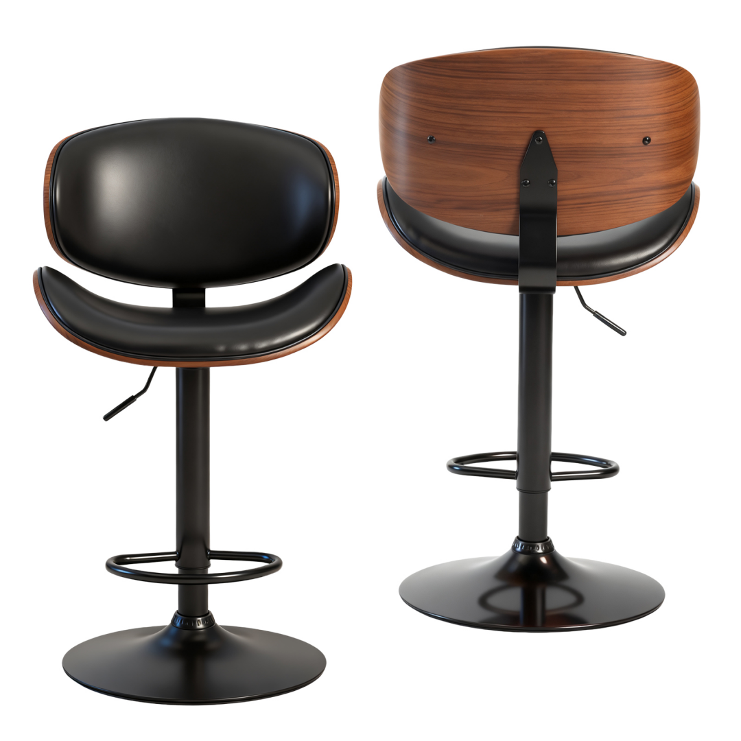 Set de 2 taburetes de bar giratorios de cuero PU, altura ajustable, con respaldo y reposapiés.