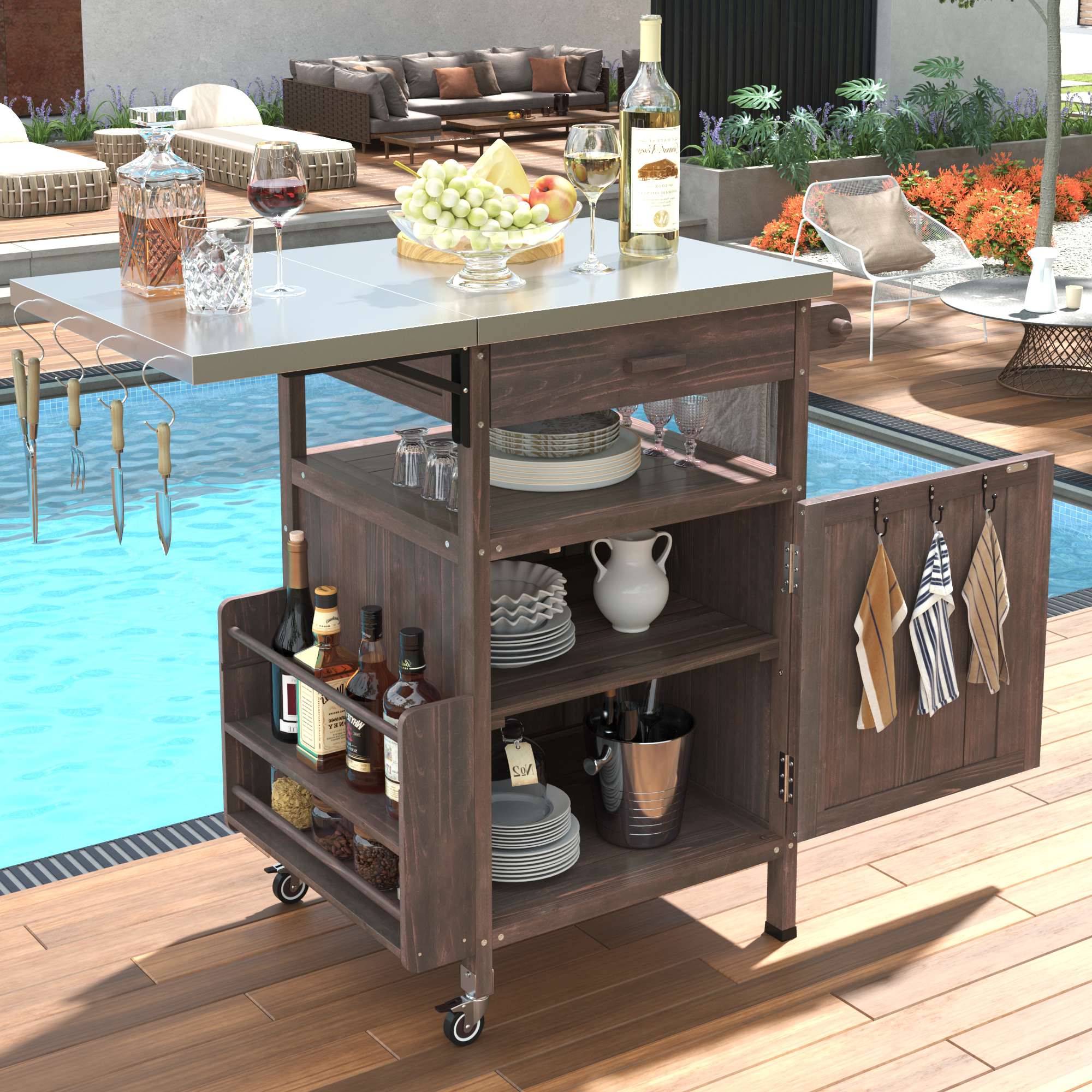 K&K 40.5  Outdoor Grill Cart With Stainless Steel Top, Solid Wood Outdoor Storage Cabinet With Drop Leaf, One Drawer, Towel Rack, Rolling Kitchen Cart With Lockable Wheels For Lawn Garden, Brown
