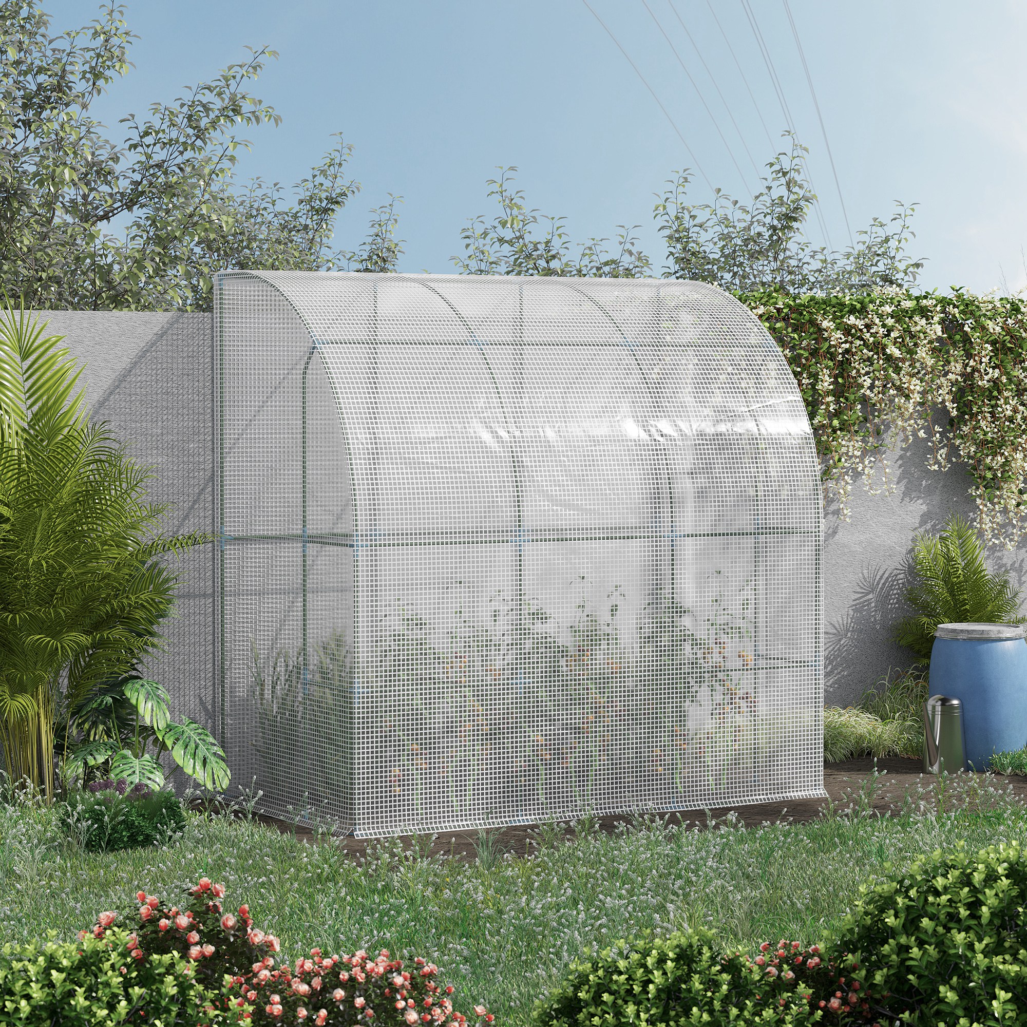 7 x 4 x 7 Outdoor Lean to Greenhouse, Walk-In Green House Plant Nursery with Roll-up Window, PE Cover, White
