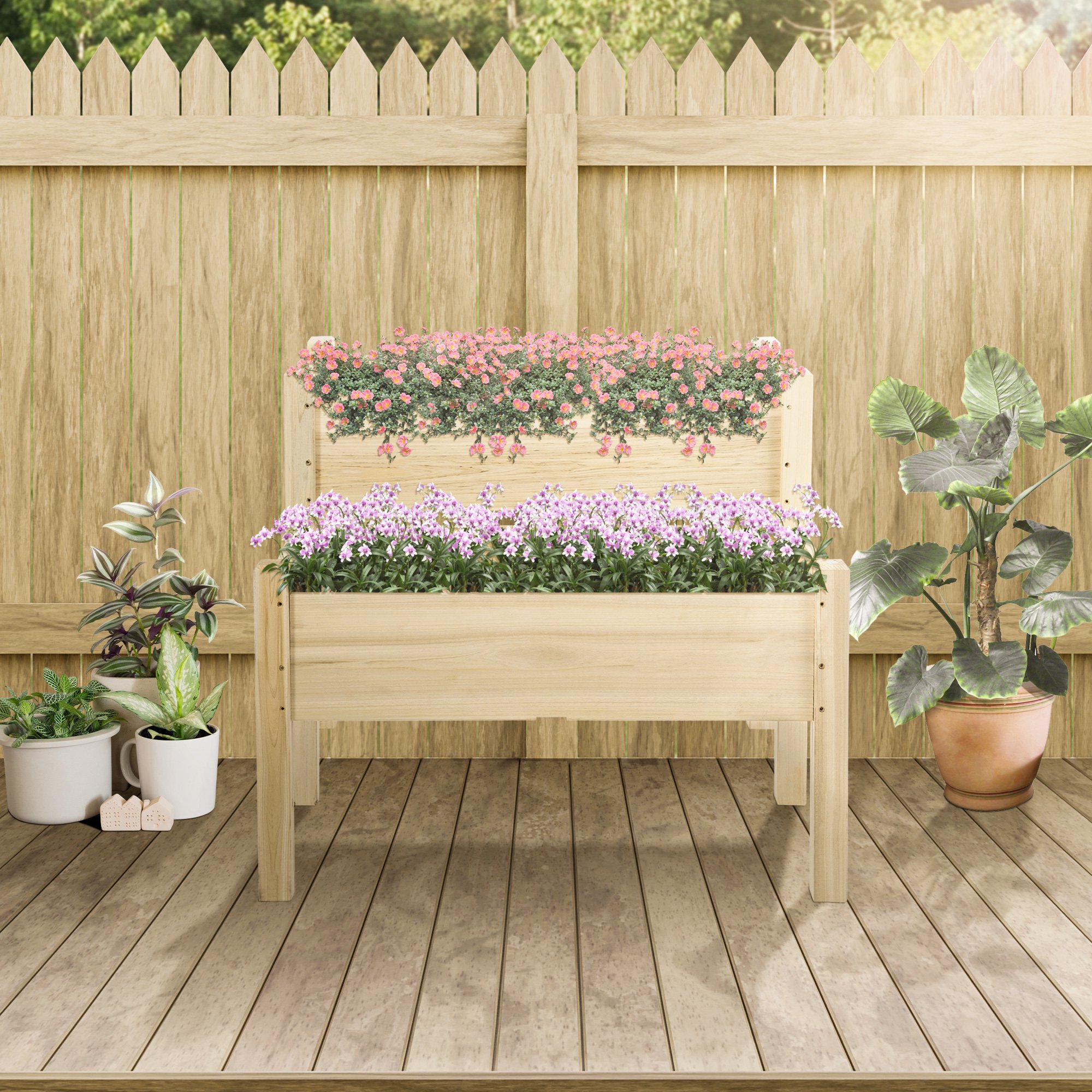 Cama de jardín elevada de madera de 2 niveles, 34 x 34 x 28 pulgadas