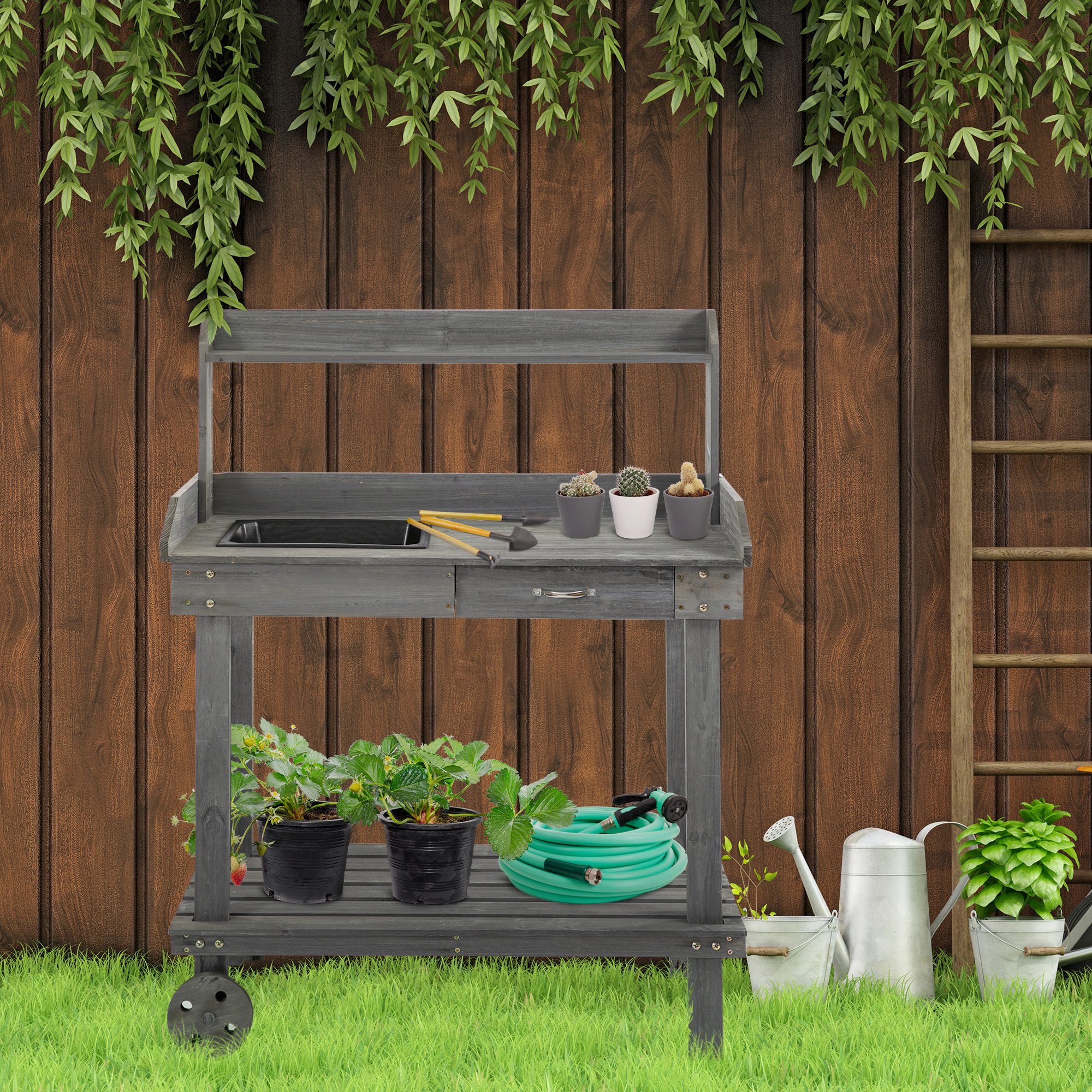36 Wooden Potting Bench Work Table with 2 Removable Wheels, Sink, Drawer & Large Storage Spaces, Gray