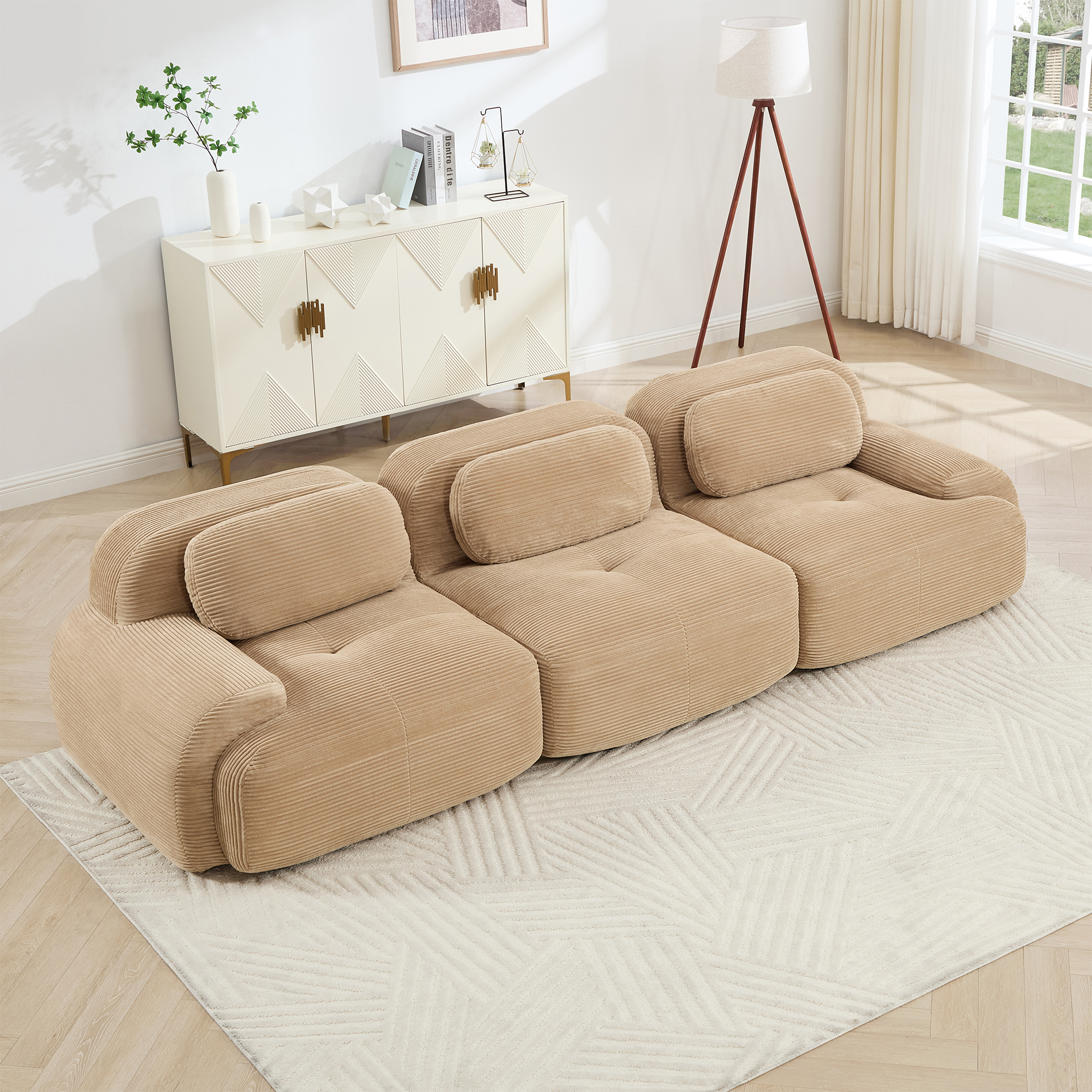 3-seat Sofa PremiumCorduroy Fabric Fabric Modular Multi-combination Anti-slip Design No Assembly Curved Armrests Ergonomic Support High-resilience Sponge For Living Rooms Bedrooms,Camel