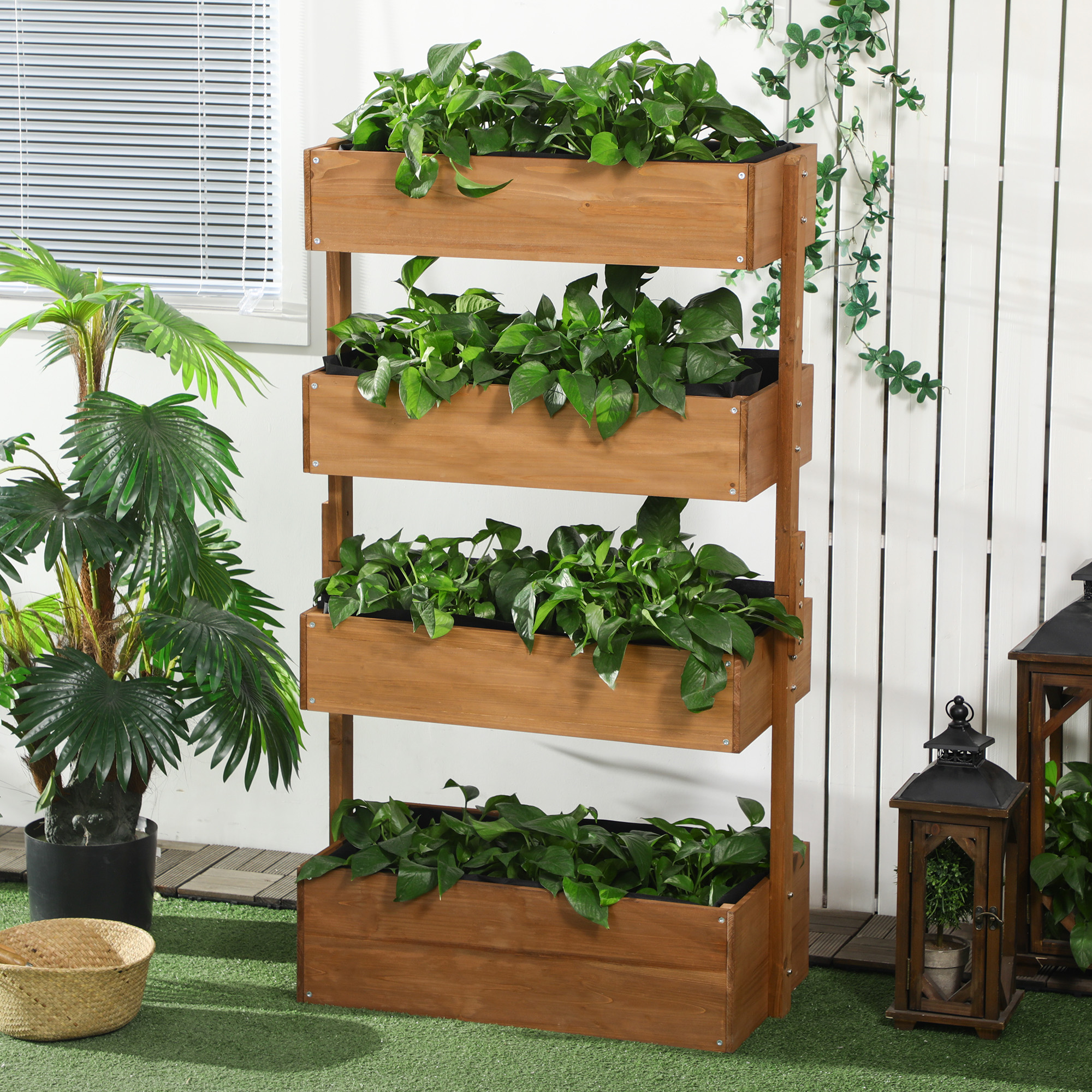 Cama de jardín elevada vertical de madera de 4 niveles, autodrenante, naranja