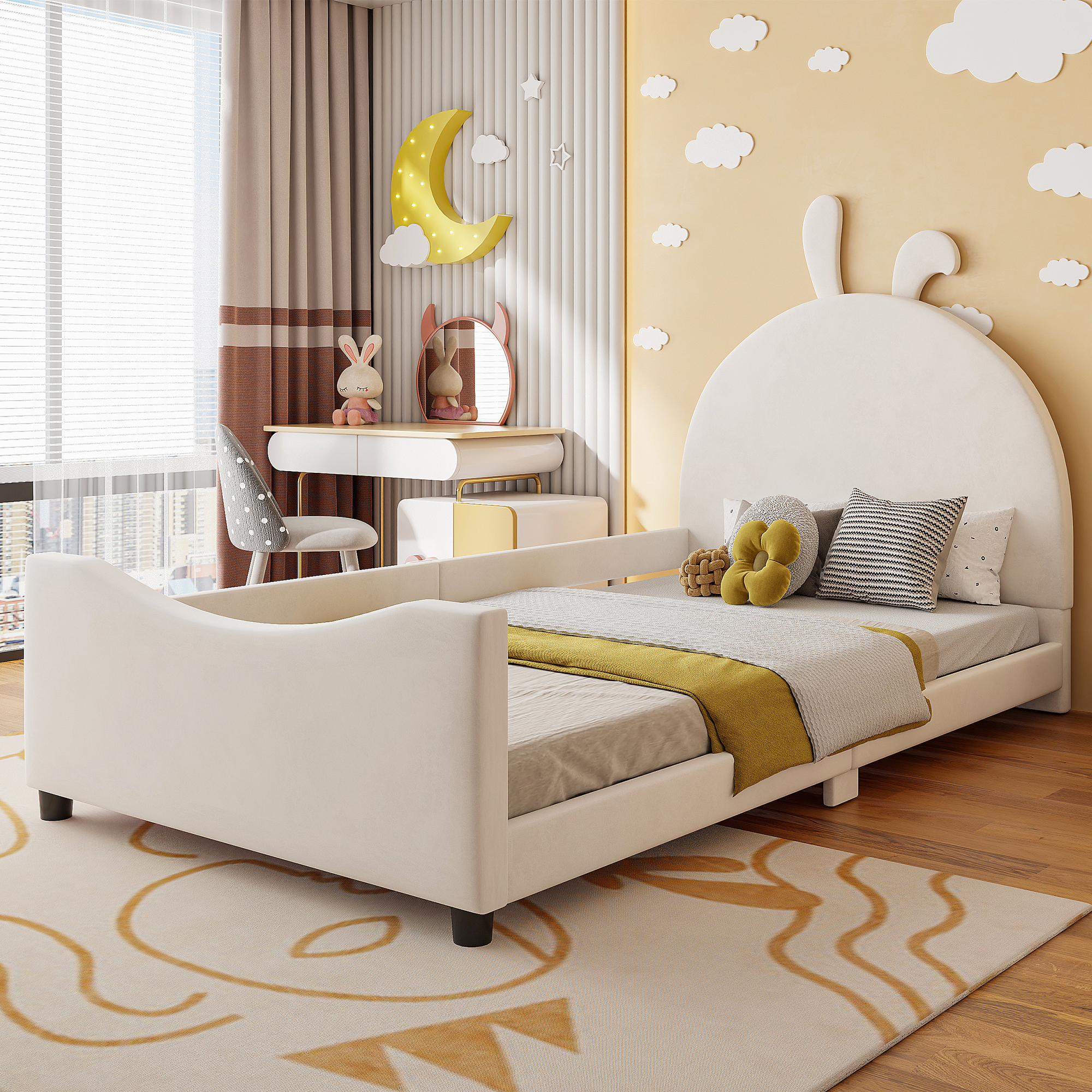 Twin Size Upholstered Daybed With Rabbit Ear Shaped Headboard, Beige