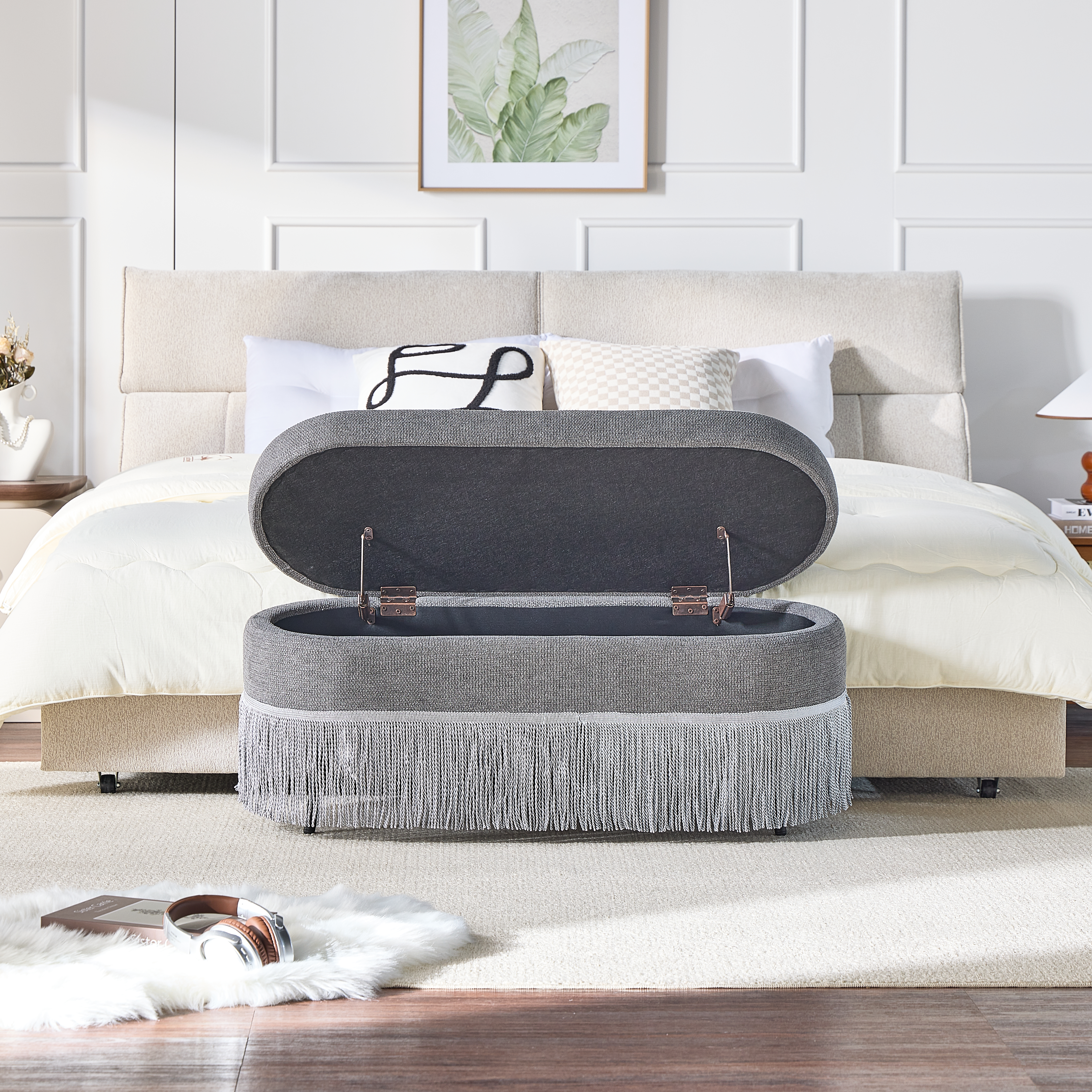 Otomana de almacenamiento tapizada ovalada con flecos, tapa elevable, 39x16x17 pulg., gris