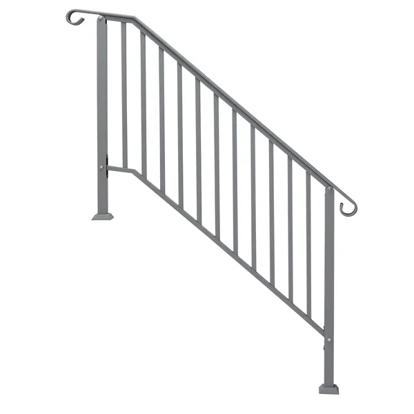 Handrails For Outdoor Steps, Iron Handrail Fits 4 Step, Transitional Handrail With Installation Kit, Silver