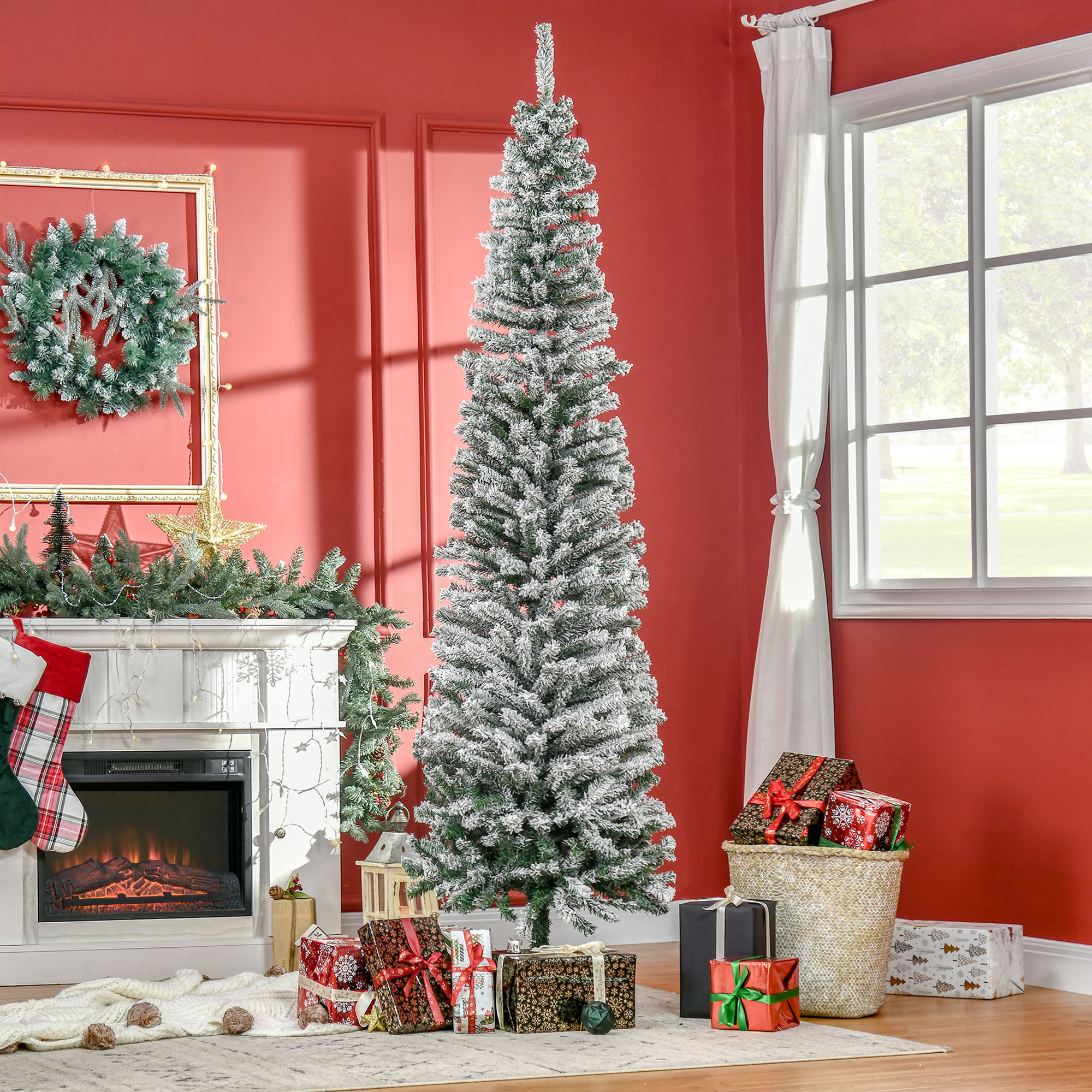 HOMOM Árbol de Navidad artificial de 7.5 pies, nevado, con base metálica plegable