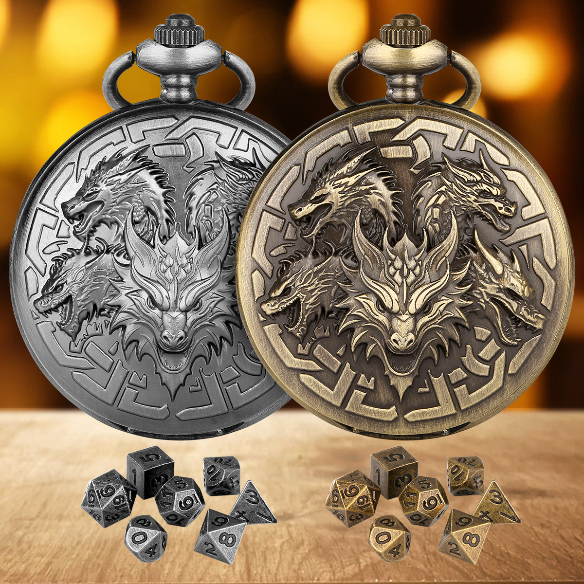 Set de dados de metal poliédricos de 7 piezas estilo Steampunk, forma de reloj de bolsillo