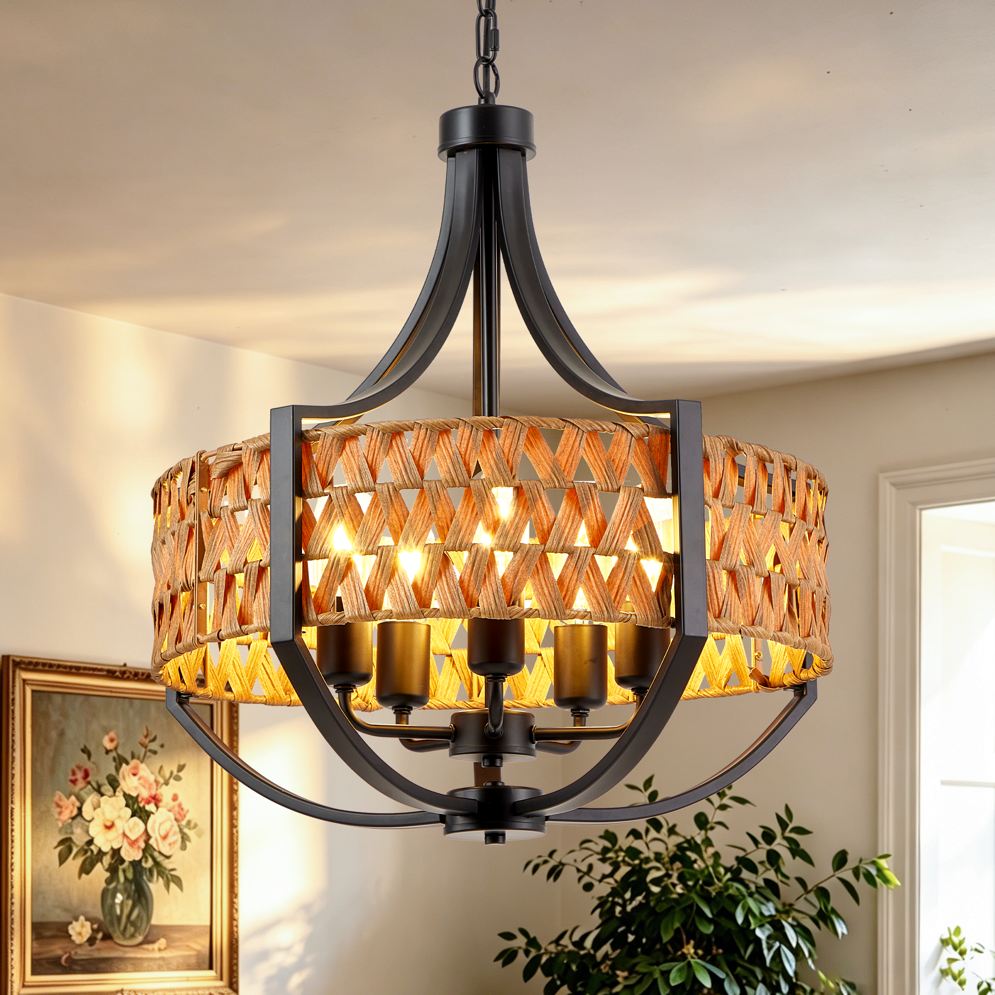 19.7" Rattan Chandelier, 5-Light Boho Chandelier with Natural Woven Reed Shade, Black Farmhouse Hanging Ceiling Light Pendant Light for Dining Room, Living Room, Foyer, Bedroom Hallway