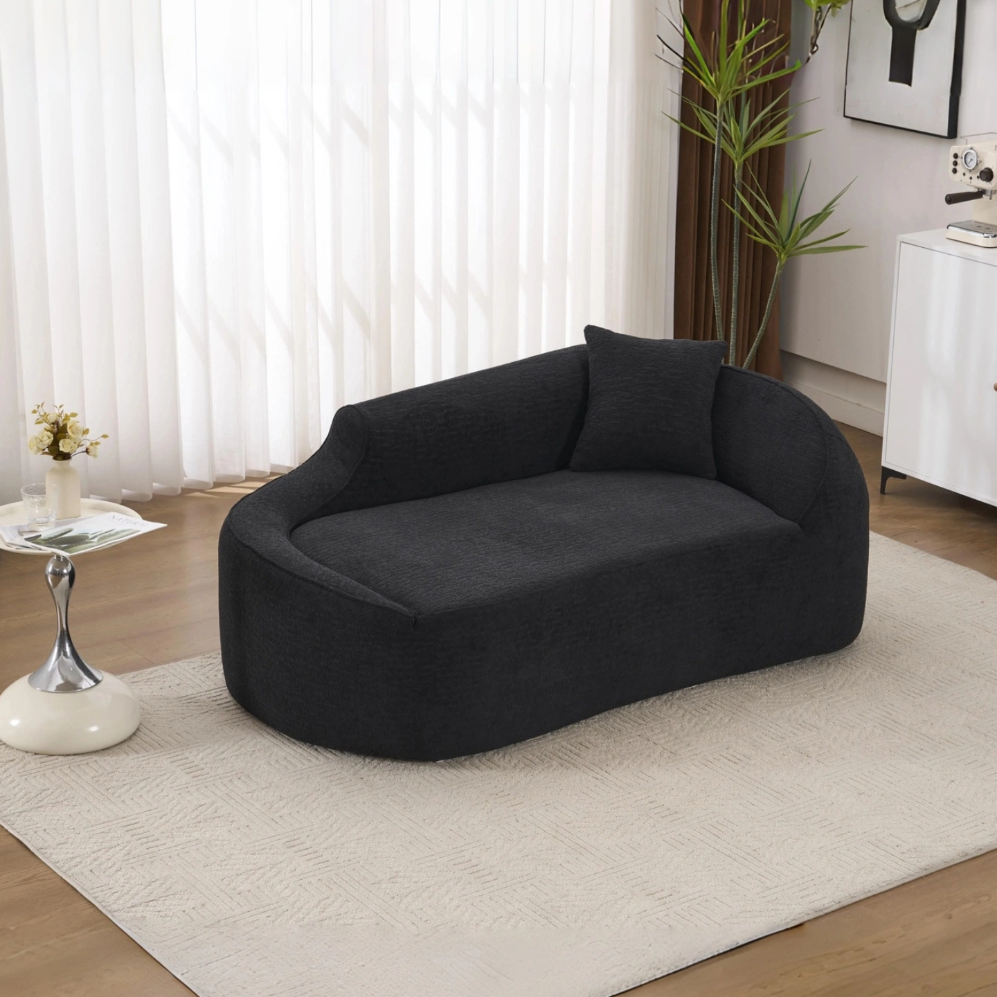Chaise longue LY-048 curvada, moderna, chenilla, asiento profundo, sofá cama, negro