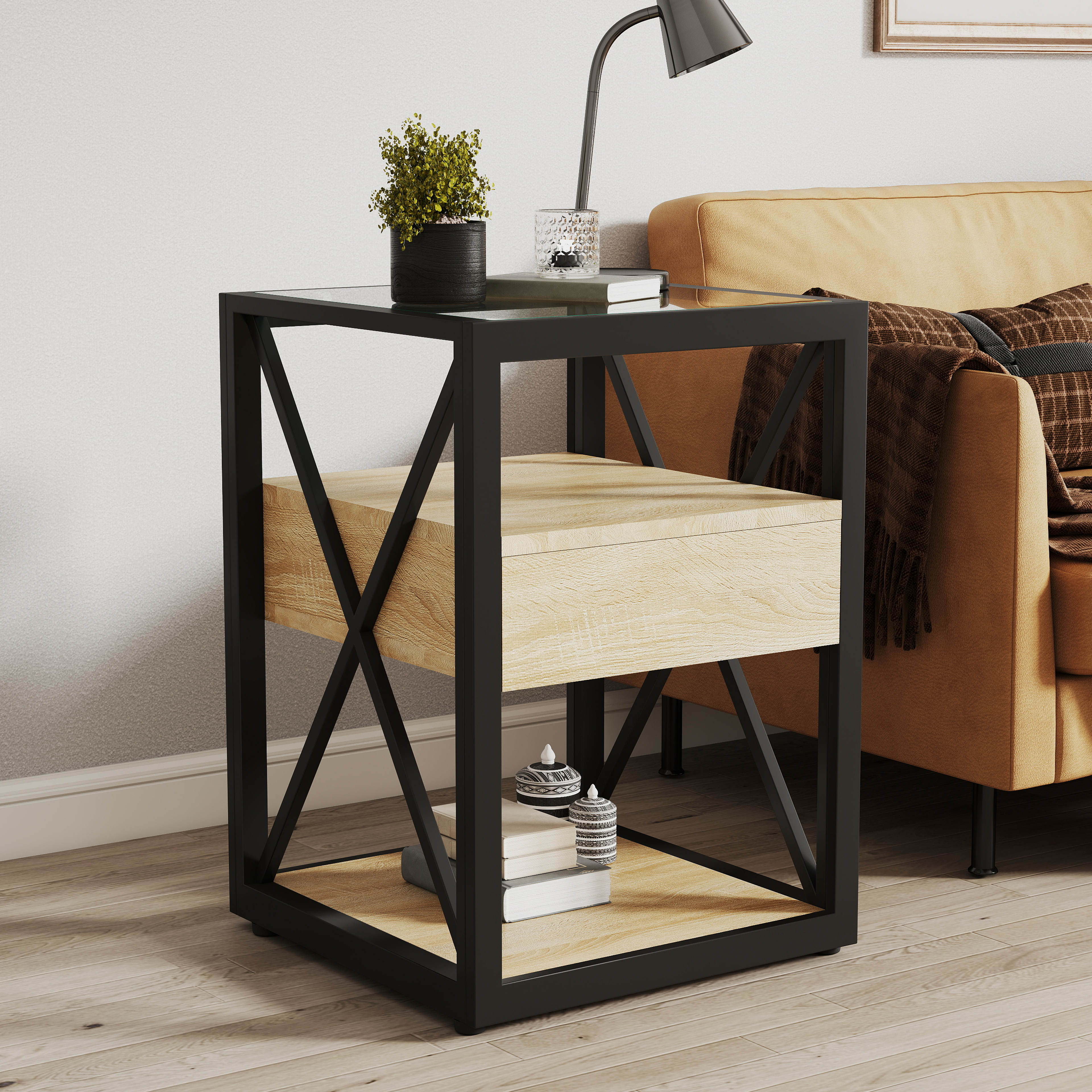 Mesa auxiliar moderna con cajón, madera MDF y tapa de vidrio templado, estilo industrial.