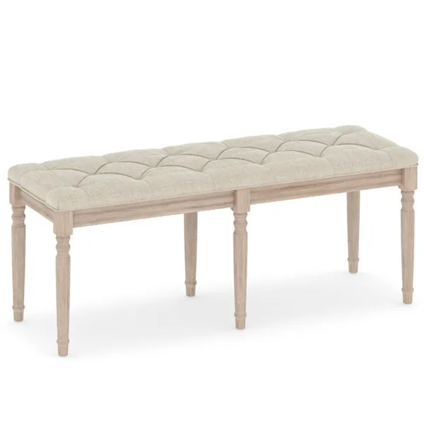 Beige 47.5" Rubber Wood Upholstered Bench With Button-Tufted Seat, 440 Lbs Capacity Retro Entryway Bedroom Bench