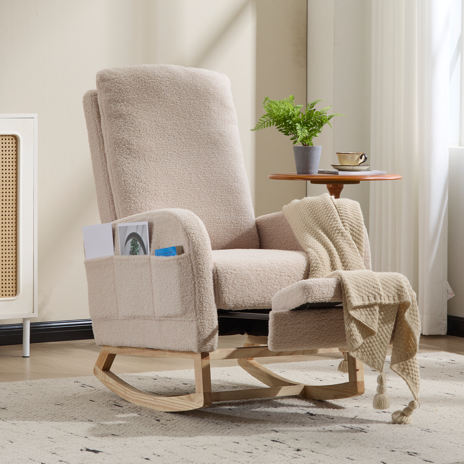 Modern Accent Rocking Chair Rocking Chair With Solid Wood Legs, Upholstered Nursery Glider Rocker Side Pocket And Footrest, Living Room Lounge Arm Chair With High Backrest  Beige,teddy