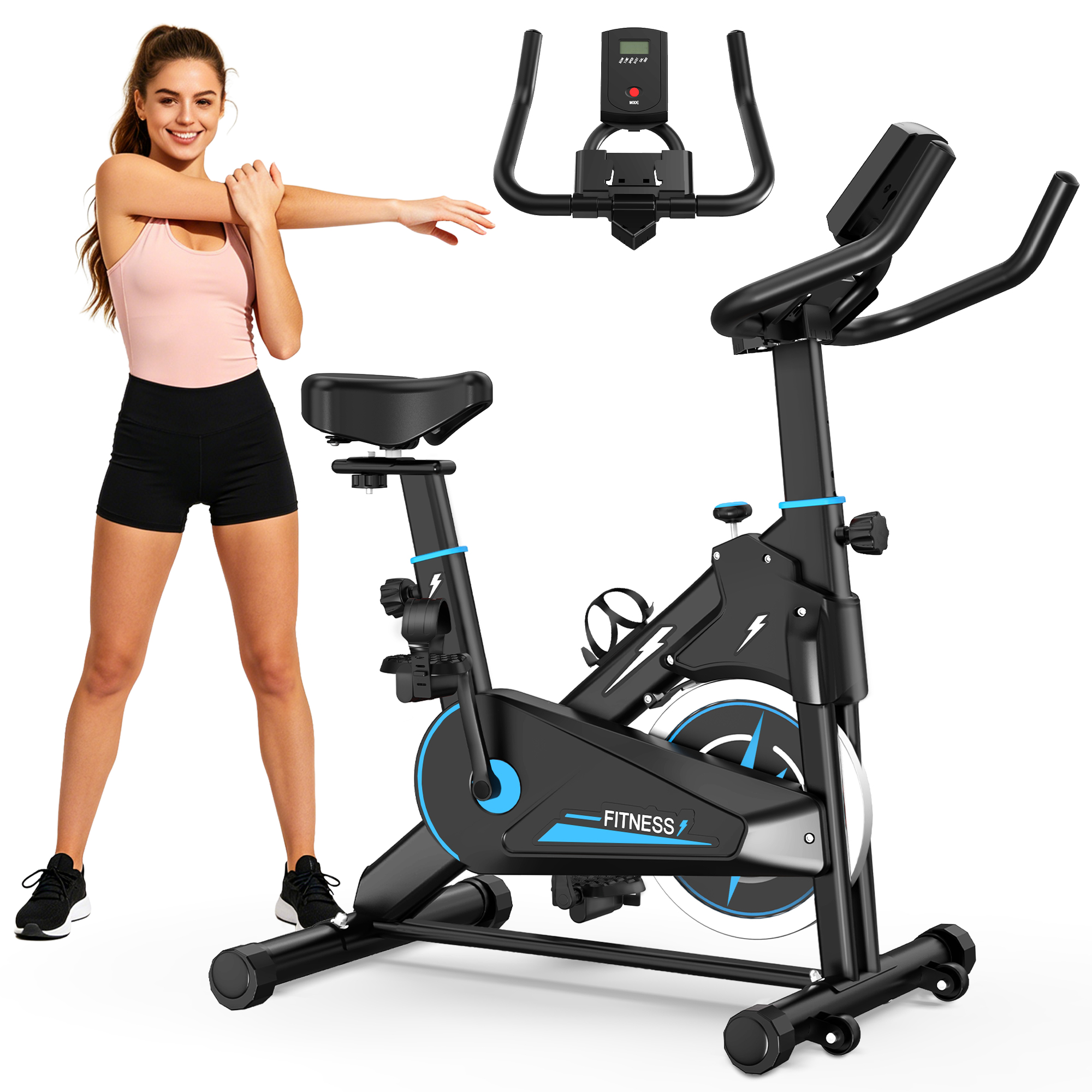 Bicicleta estática con monitor, resistencia ajustable y asiento cómodo.