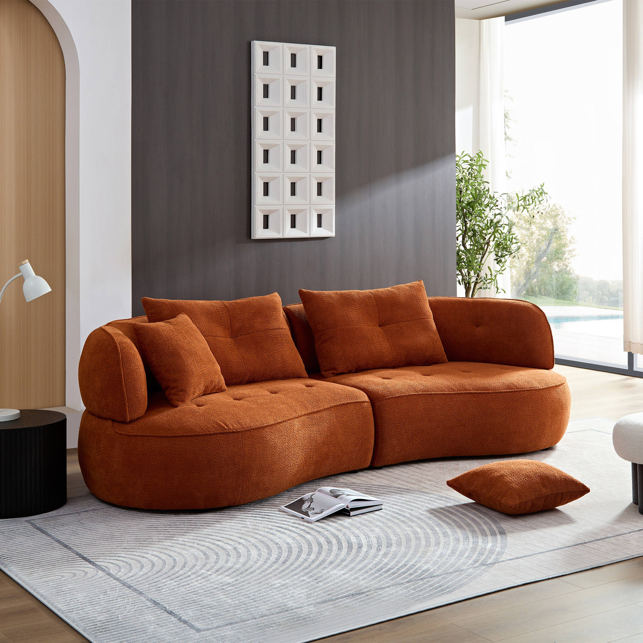 Sofá seccional WKS7C naranja con cojines extraíbles y estructura de madera maciza