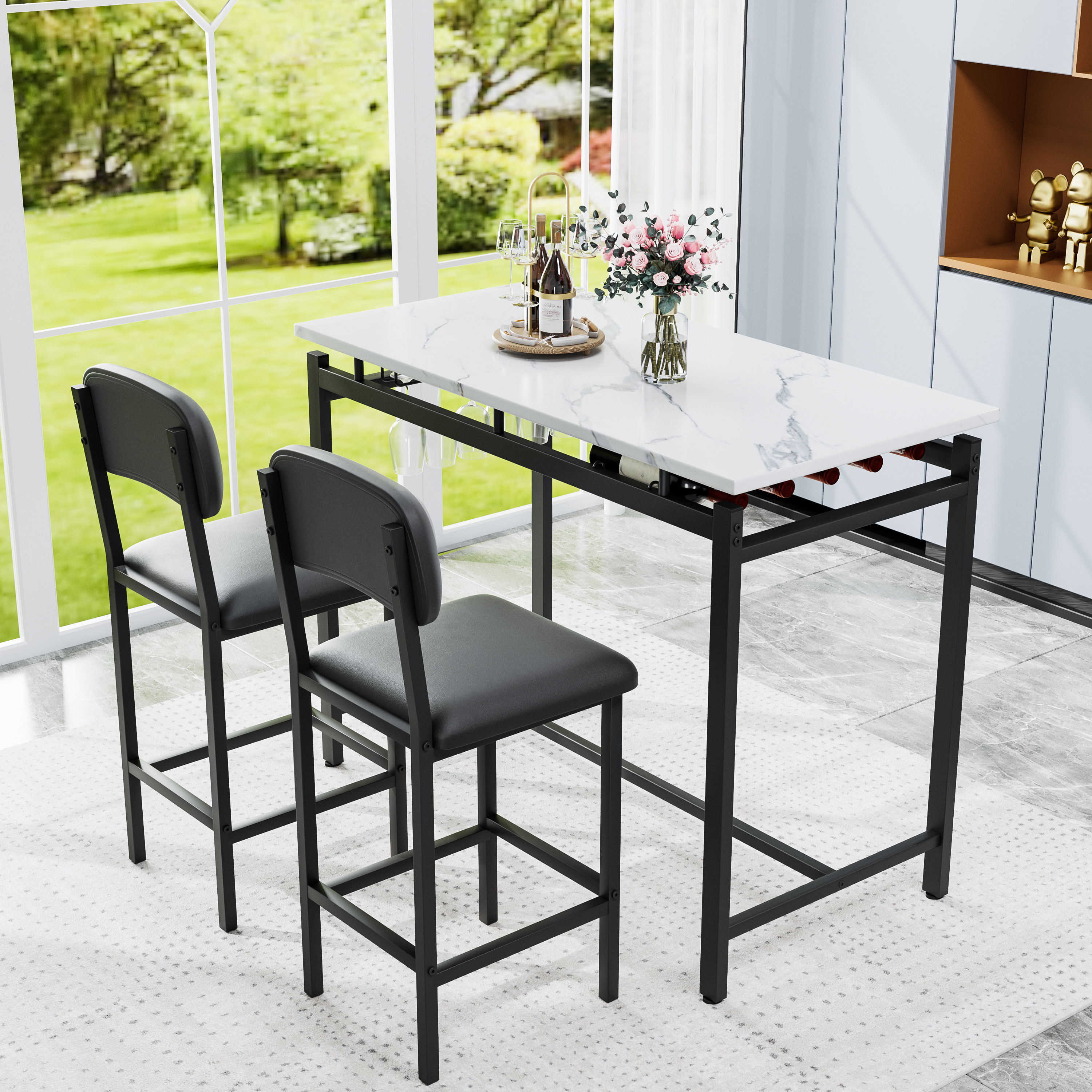 Kitchen Table Set, Dining Table And Chairs For 2, 3 Piece Dining Room Table Set With 2 Upholstered Chairs, Bar Dining Table Set For Small Spaces, Apartment, Breakfast, Pub, Rustic Black