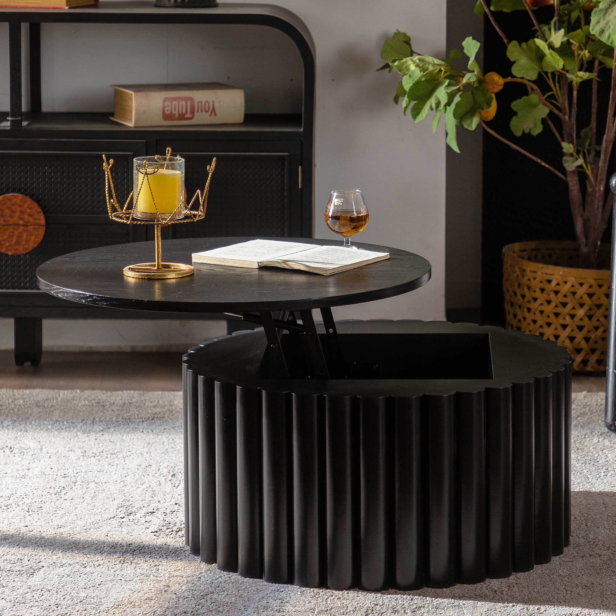 Round Coffee Table With Lift Handcrafted Relief Sturdy Pedestal Wooden Tea Table For Living Room No Need To Assemble