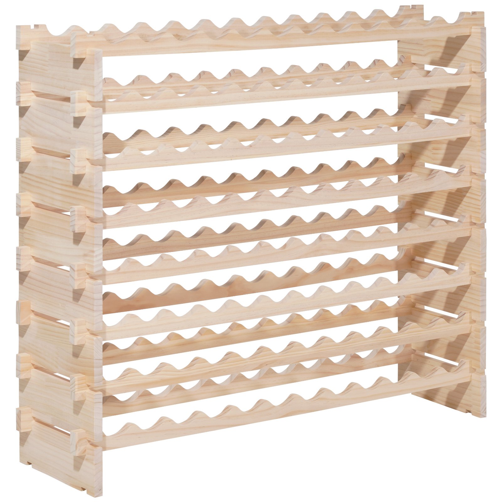 96 Bottle Stackable Modular Wine Rack, 8-Tier, Floor Freestanding Wine Storage Rack, Solid Wood Wines Display Shelf, Wobble-Free Shelves, Easy Assembly, For Kitchen, Cellar, And Bar, Natural