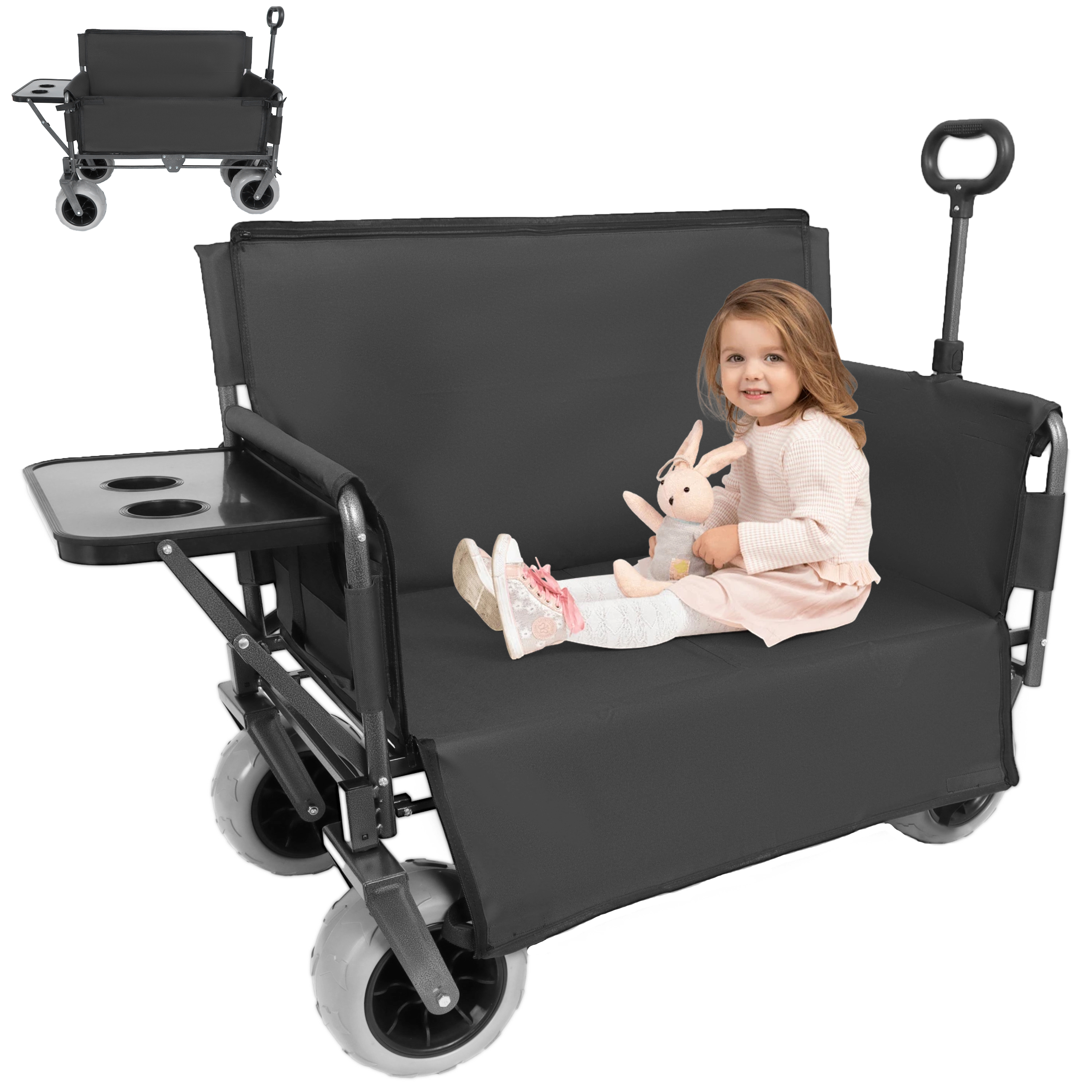 3- In- 1 Collapsible Wagon Converts To Bench Convertible Folding Wagon Cart With Rear- Mounted Folding Tabletop  500lbs Heavy- Duty  180L Capacity For Camping  Beach  Garden  Fishing- Black