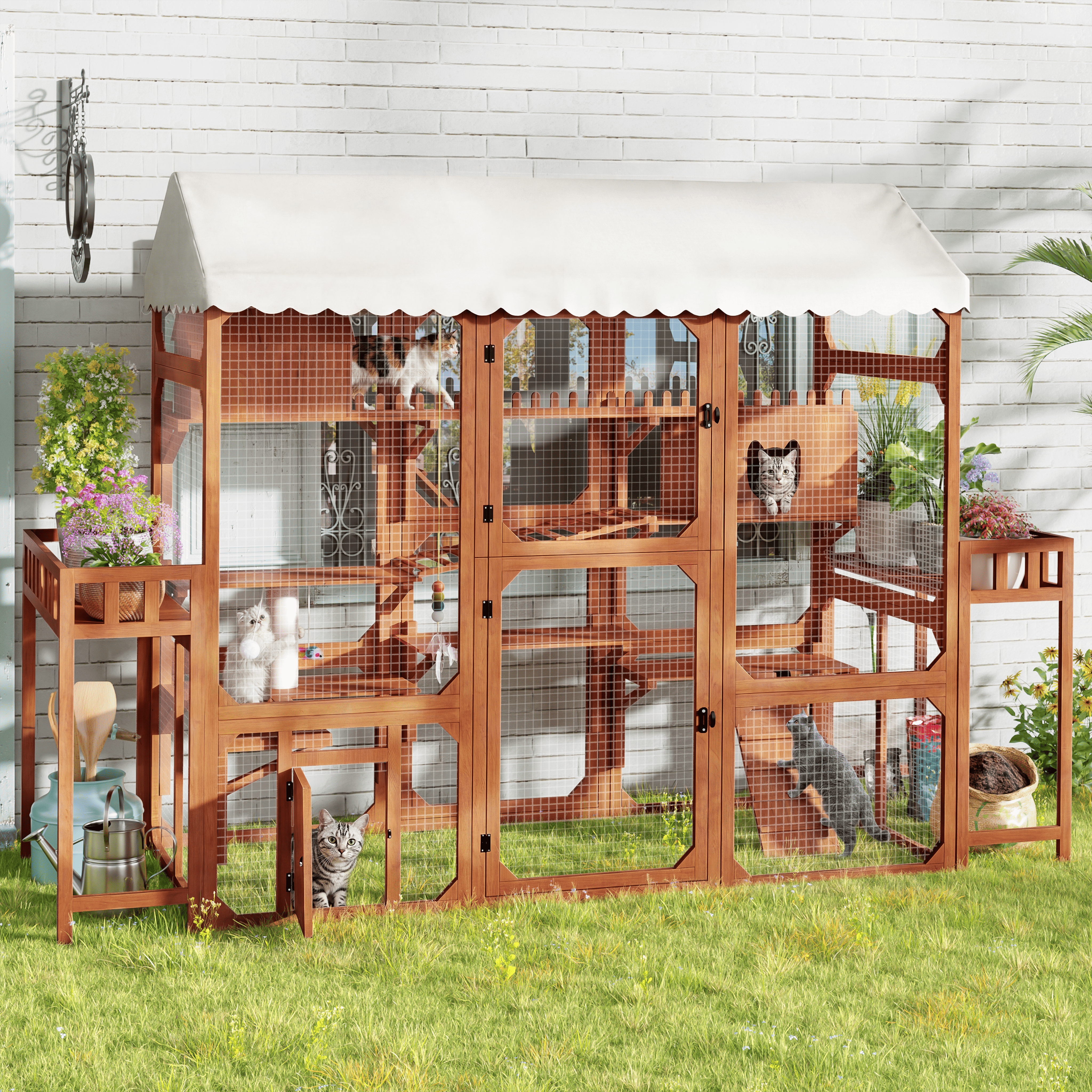 Large Outdoor Cat Enclosure Wooden Catio With 2 Plant Stands, Multi-Level Cat Playpen With Weather-Resistant Roof, Resting Box, Climbing Ramps & Wire Mesh For Patio, Brown
