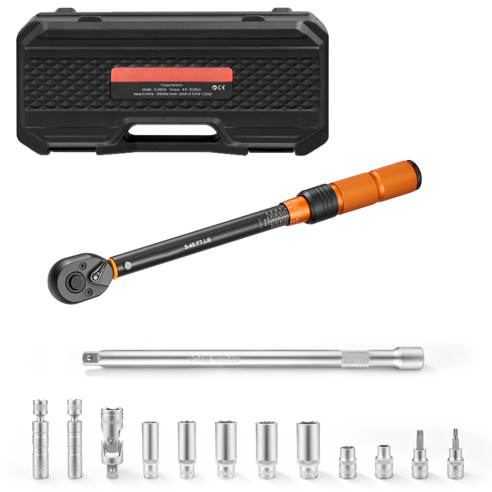 Torque Wrench 3/8-inch Drive Click Torque Wrench Dual Scale Readings, 5-45 Lbf-ft / 6.8-61.2 N.m, ±3% High Precision, With Spark Plug Sockets, Bits, Universal Joint, Extension Bar, Storage Case