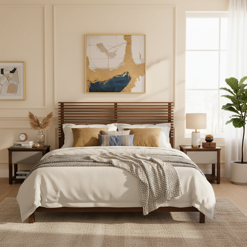 Base de cama tamaño King de madera maciza premium con cabecera, nogal, 600 libras.
